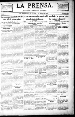 Primary view of object titled 'La Prensa. (San Antonio, Tex.), Vol. 1, No. 21, Ed. 1 Thursday, July 3, 1913'.