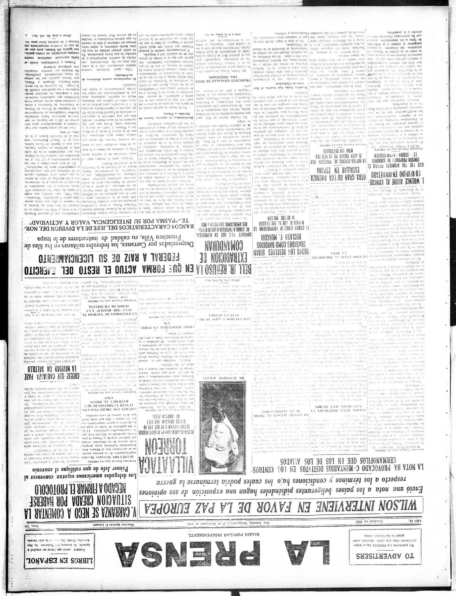 La Prensa (San Antonio, Tex.), Vol. 4, No. 766, Ed. 1 Thursday, December 21, 1916
                                                
                                                    [Sequence #]: 1 of 8
                                                