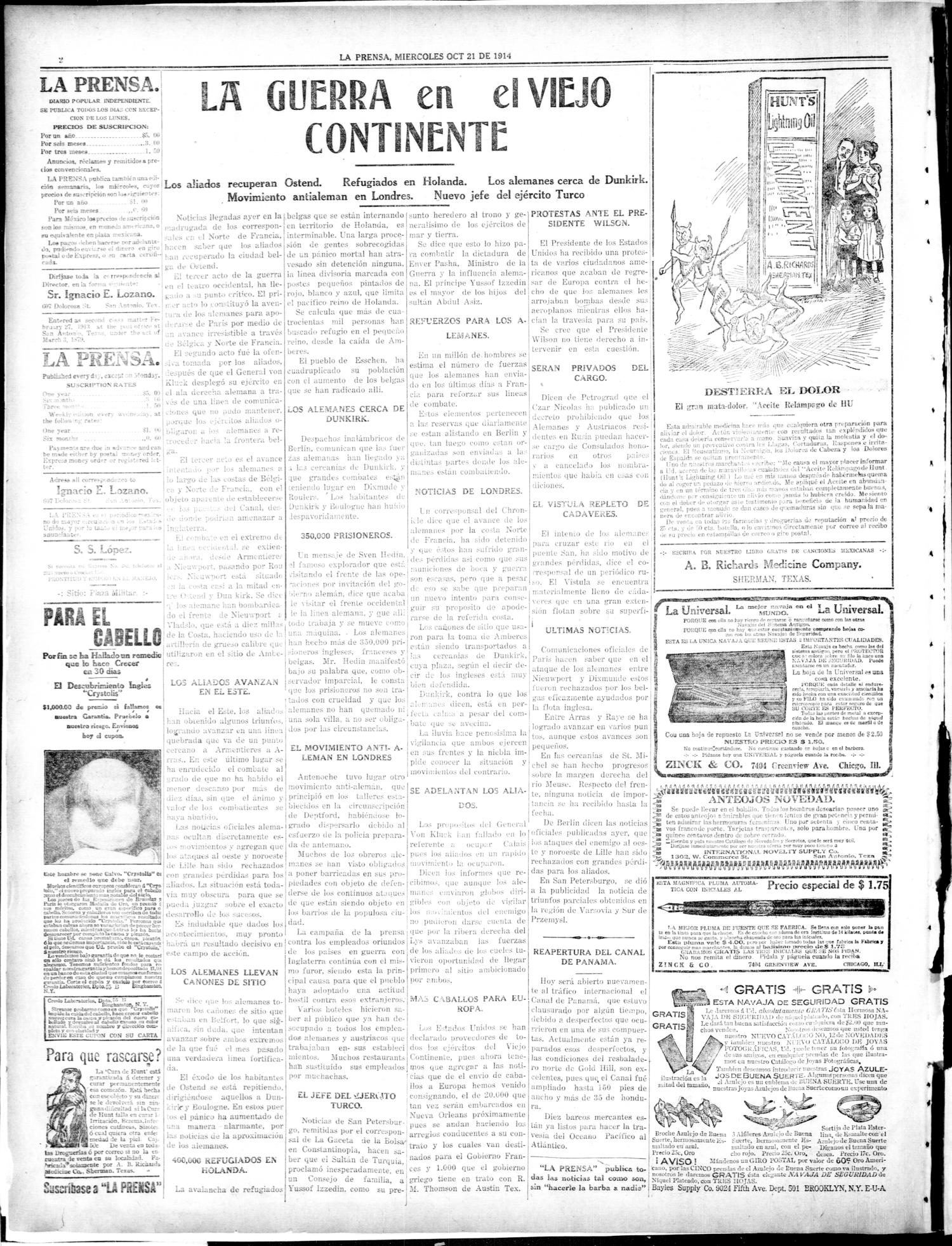 La Prensa. (San Antonio, Tex.), Vol. 2, No. 10, Ed. 1 Wednesday, October 21, 1914
                                                
                                                    [Sequence #]: 2 of 8
                                                