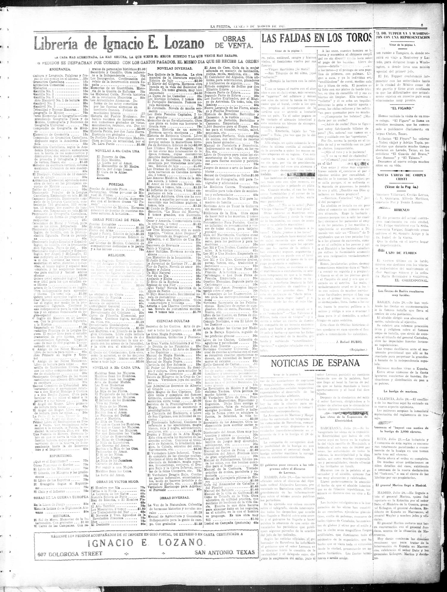 La Prensa (San Antonio, Tex.), Vol. 3, No. 273, Ed. 1 Monday, August 9, 1915
                                                
                                                    [Sequence #]: 5 of 8
                                                