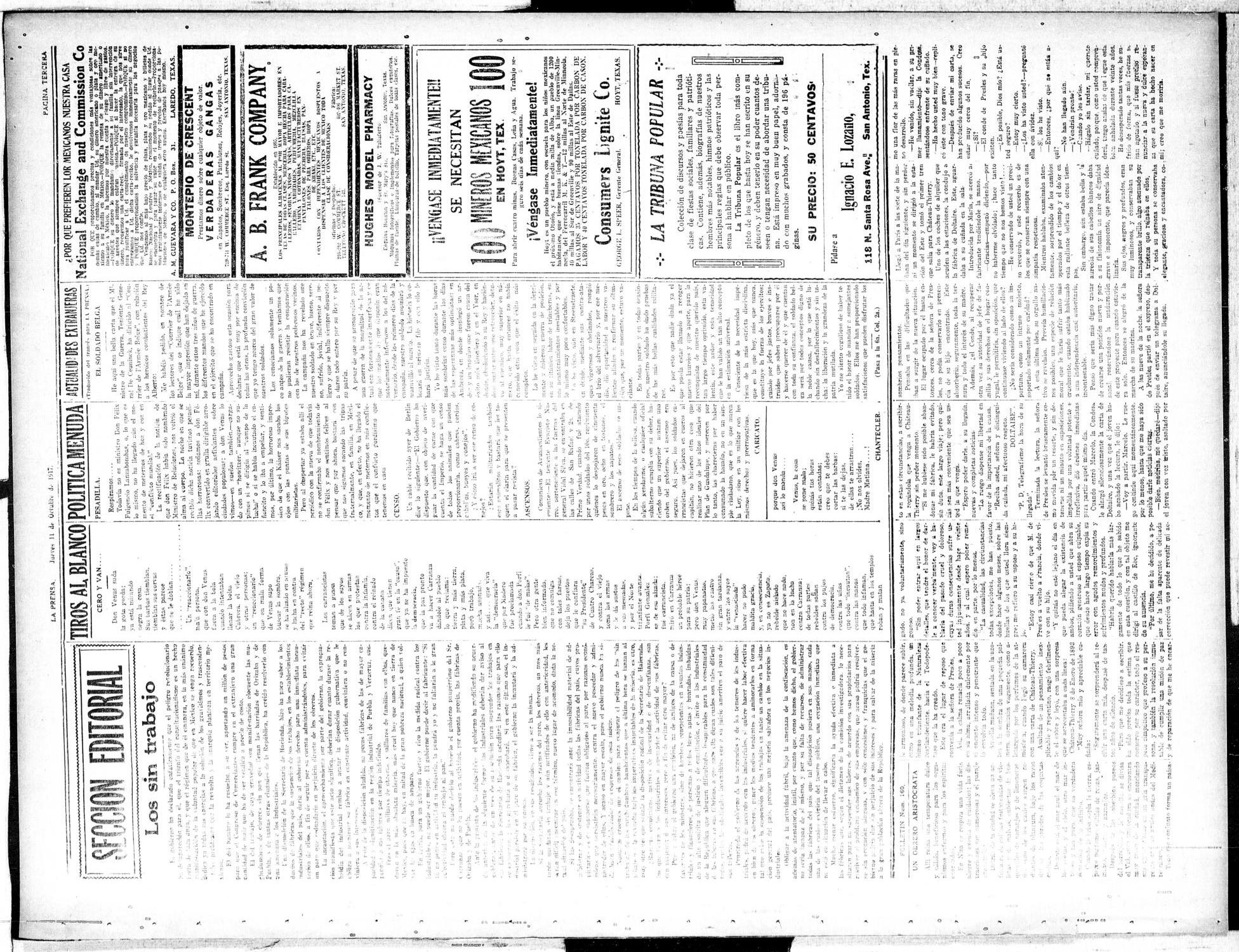La Prensa (San Antonio, Tex.), Vol. 5, No. 1060, Ed. 1 Thursday, October 11, 1917
                                                
                                                    [Sequence #]: 3 of 8
                                                