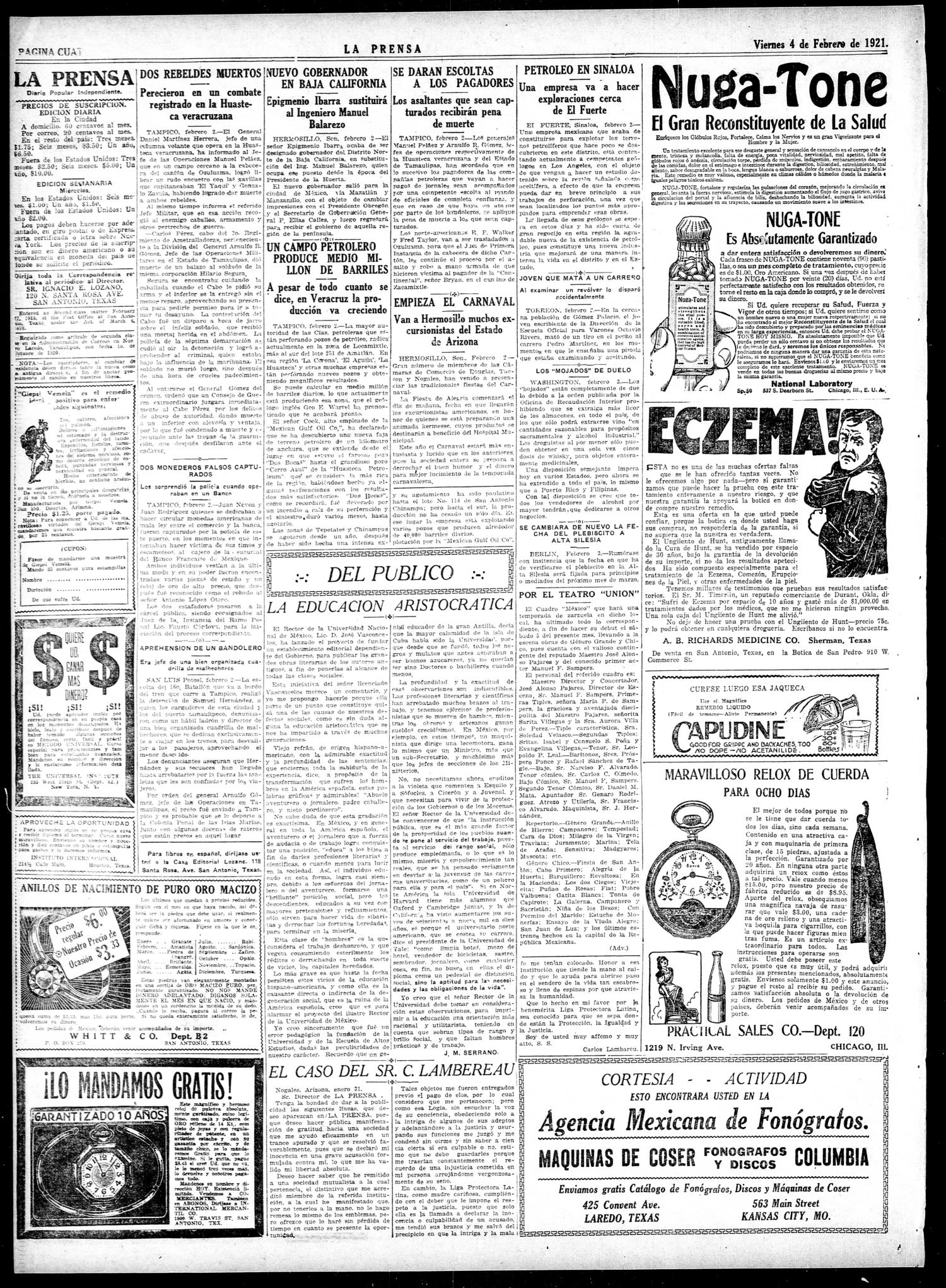 La Prensa (San Antonio, Tex.), Vol. 7, No. 2,129, Ed. 1 Friday, February 4, 1921
                                                
                                                    [Sequence #]: 4 of 8
                                                