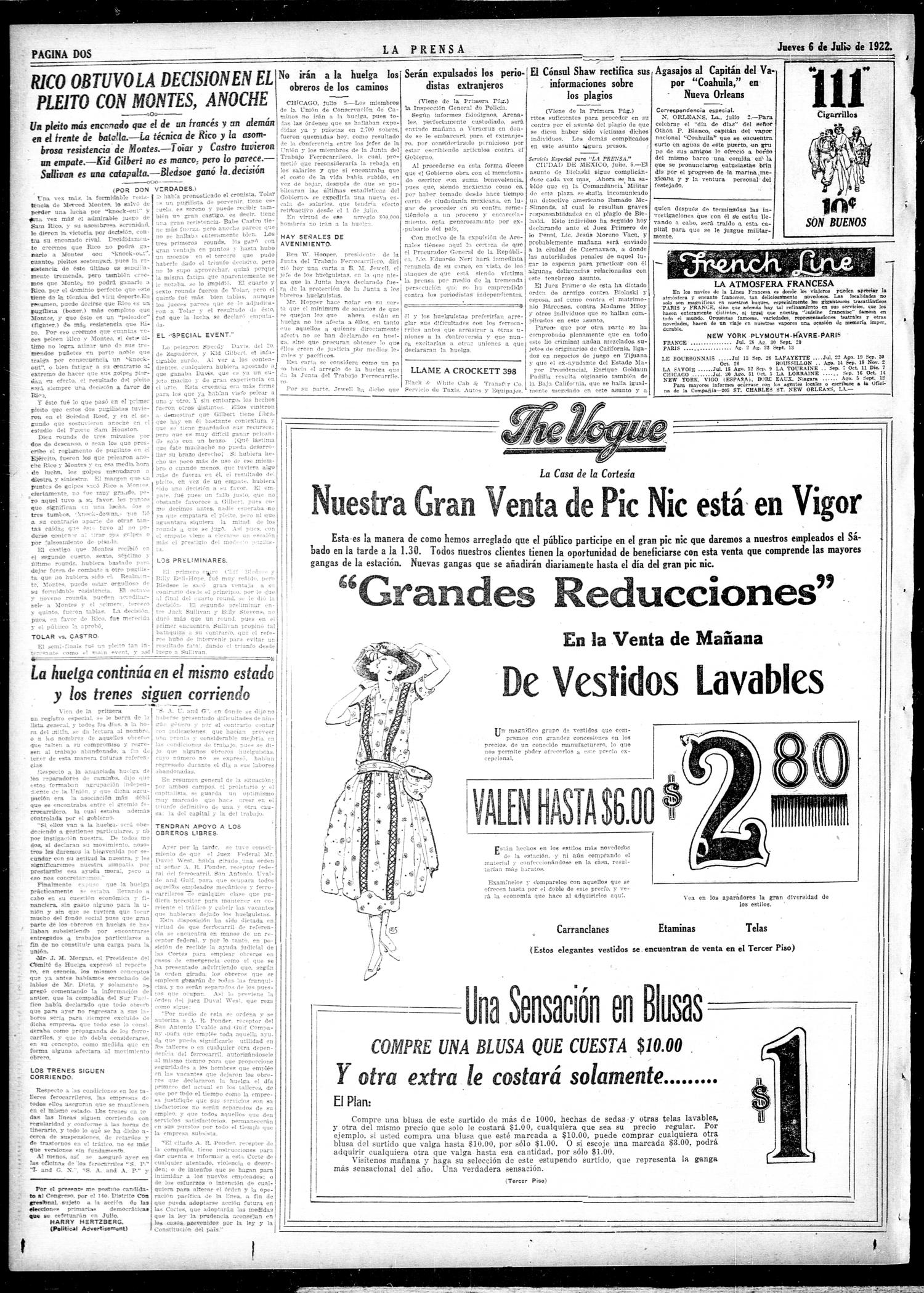 La Prensa (San Antonio, Tex.), Vol. 10, No. 143, Ed. 1 Thursday, July 6, 1922
                                                
                                                    [Sequence #]: 2 of 8
                                                