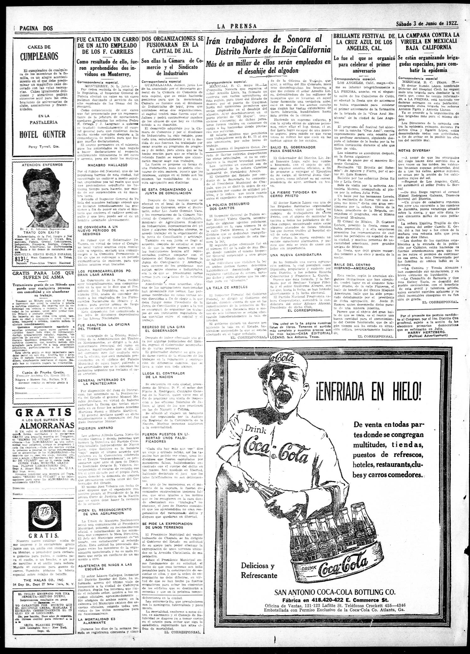 La Prensa (San Antonio, Tex.), Vol. 10, No. 110, Ed. 1 Saturday, June 3, 1922
                                                
                                                    [Sequence #]: 2 of 8
                                                