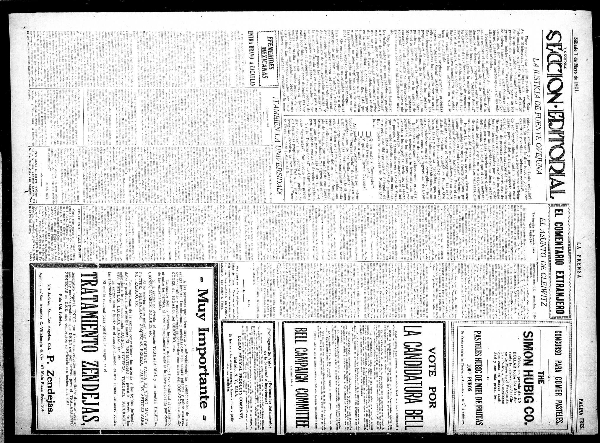 La Prensa (San Antonio, Tex.), Vol. 8, No. 2,220, Ed. 1 Saturday, May 7, 1921
                                                
                                                    [Sequence #]: 3 of 8
                                                
