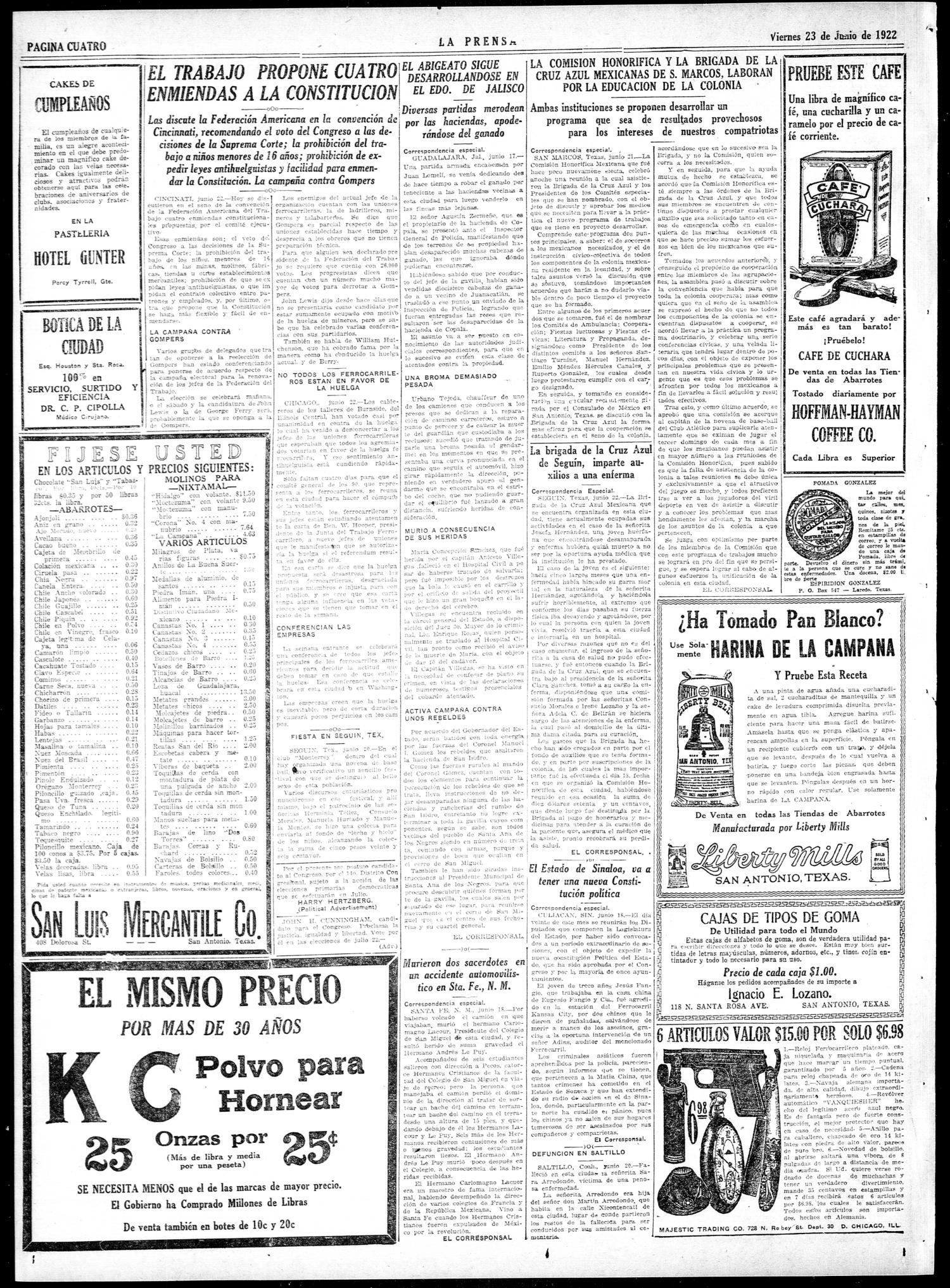 La Prensa (San Antonio, Tex.), Vol. 10, No. 130, Ed. 1 Friday, June 23, 1922
                                                
                                                    [Sequence #]: 4 of 8
                                                