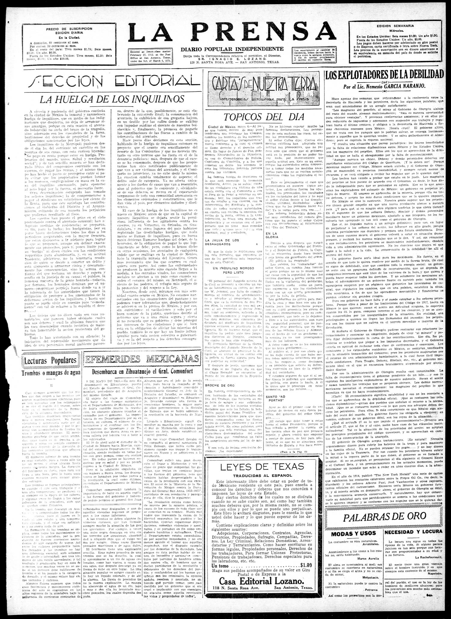 La Prensa (San Antonio, Tex.), Vol. 10, No. 85, Ed. 1 Tuesday, May 9, 1922
                                                
                                                    [Sequence #]: 3 of 8
                                                