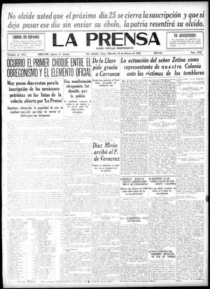 Primary view of object titled 'La Prensa (San Antonio, Tex.), Vol. 7, No. 1834, Ed. 1 Wednesday, February 18, 1920'.