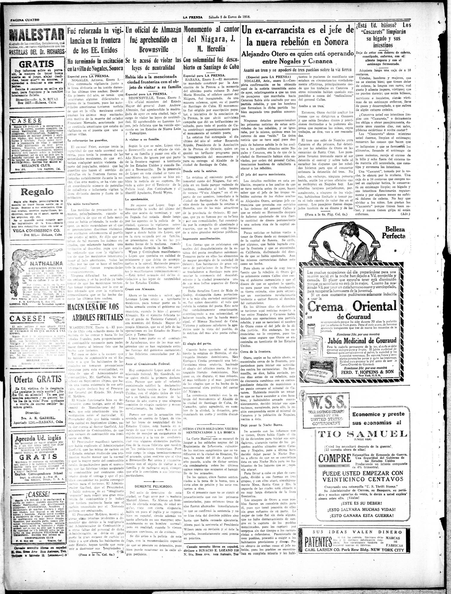 La Prensa (San Antonio, Tex.), Vol. 5, No. 1143, Ed. 1 Saturday, January 5, 1918
                                                
                                                    [Sequence #]: 4 of 8
                                                