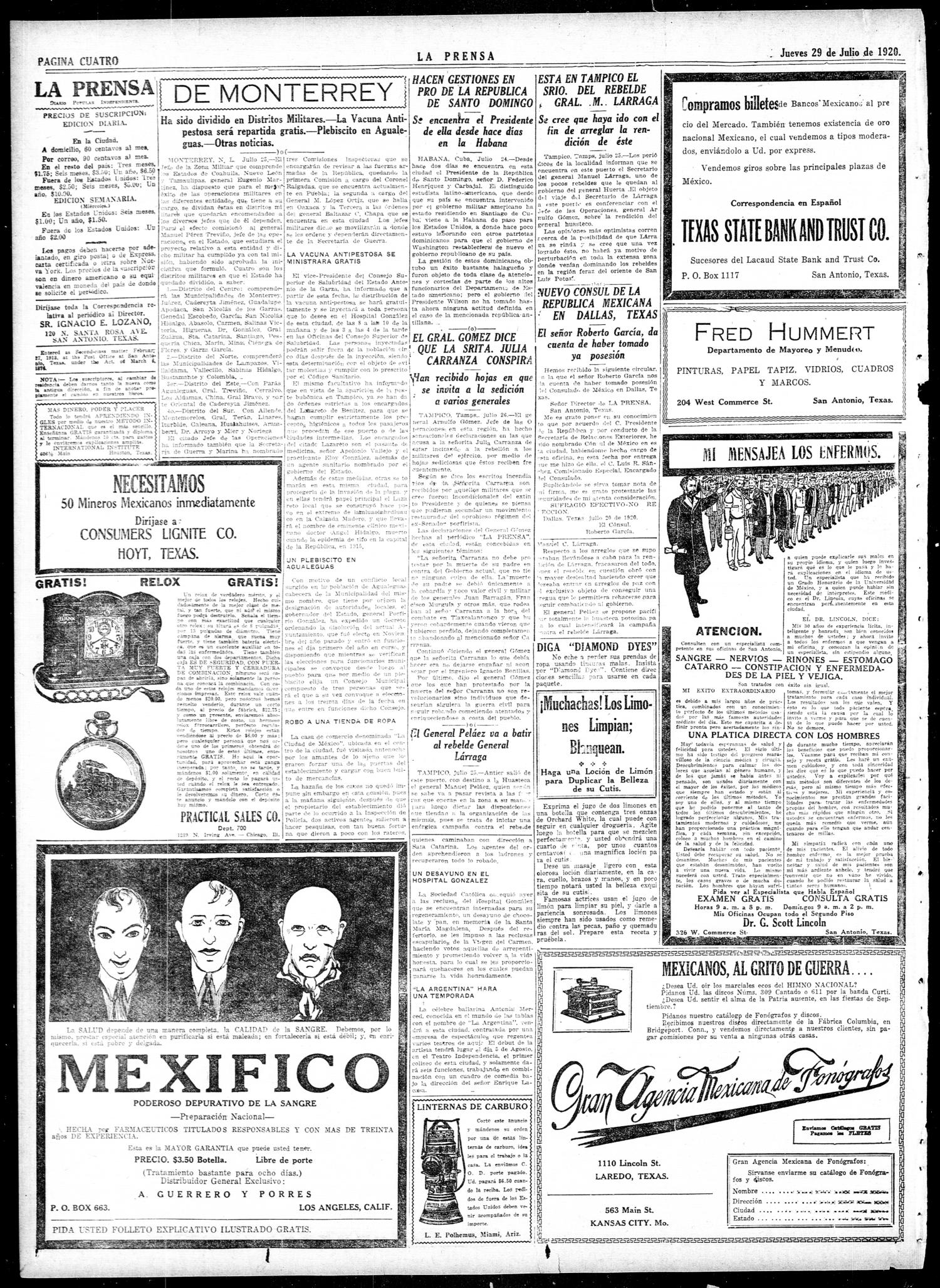 La Prensa (San Antonio, Tex.), Vol. 7, No. 1939, Ed. 1 Thursday, July 29, 1920
                                                
                                                    [Sequence #]: 4 of 8
                                                