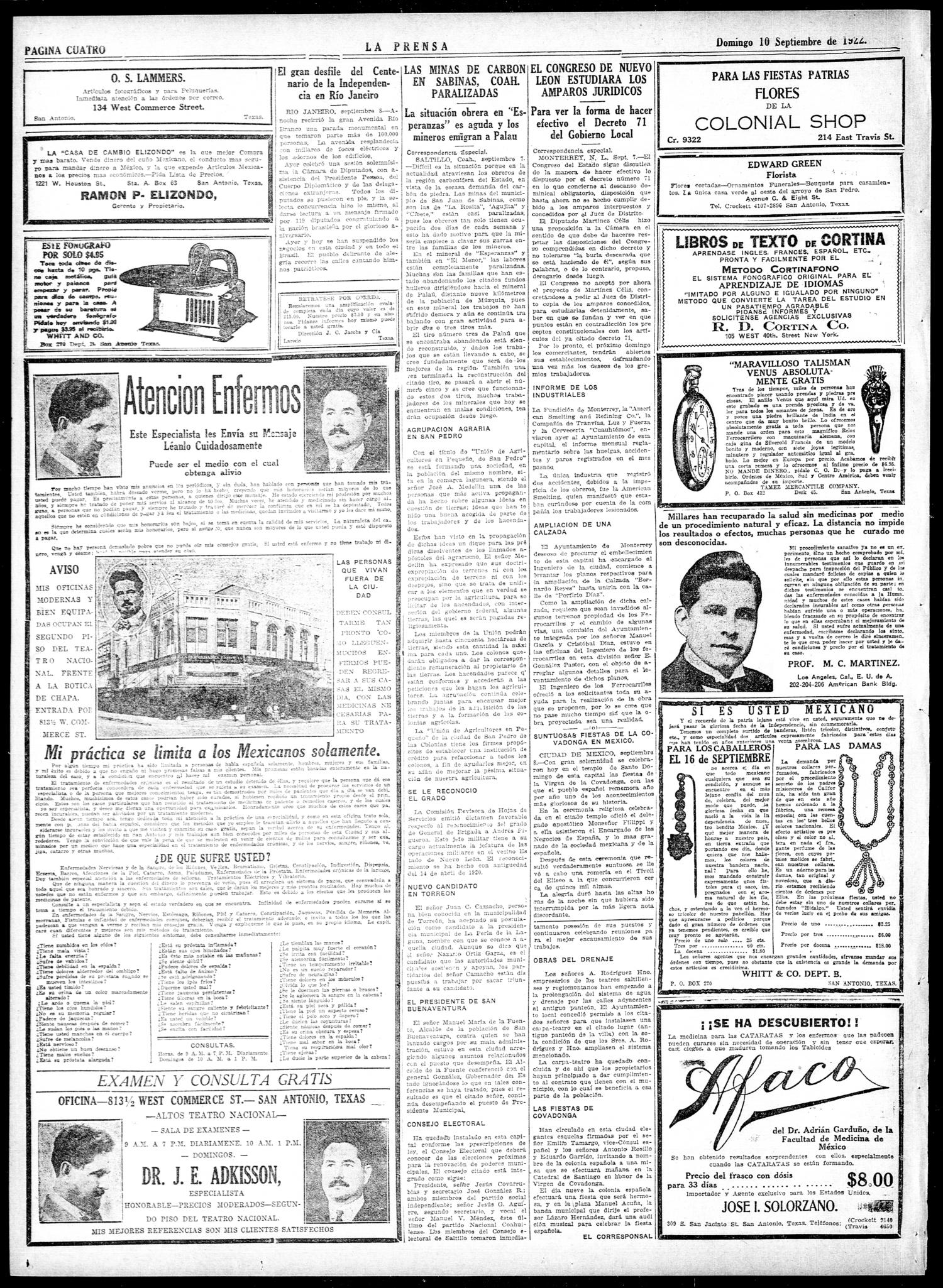 La Prensa (San Antonio, Tex.), Vol. 10, No. 207, Ed. 1 Sunday, September 10, 1922
                                                
                                                    [Sequence #]: 4 of 12
                                                