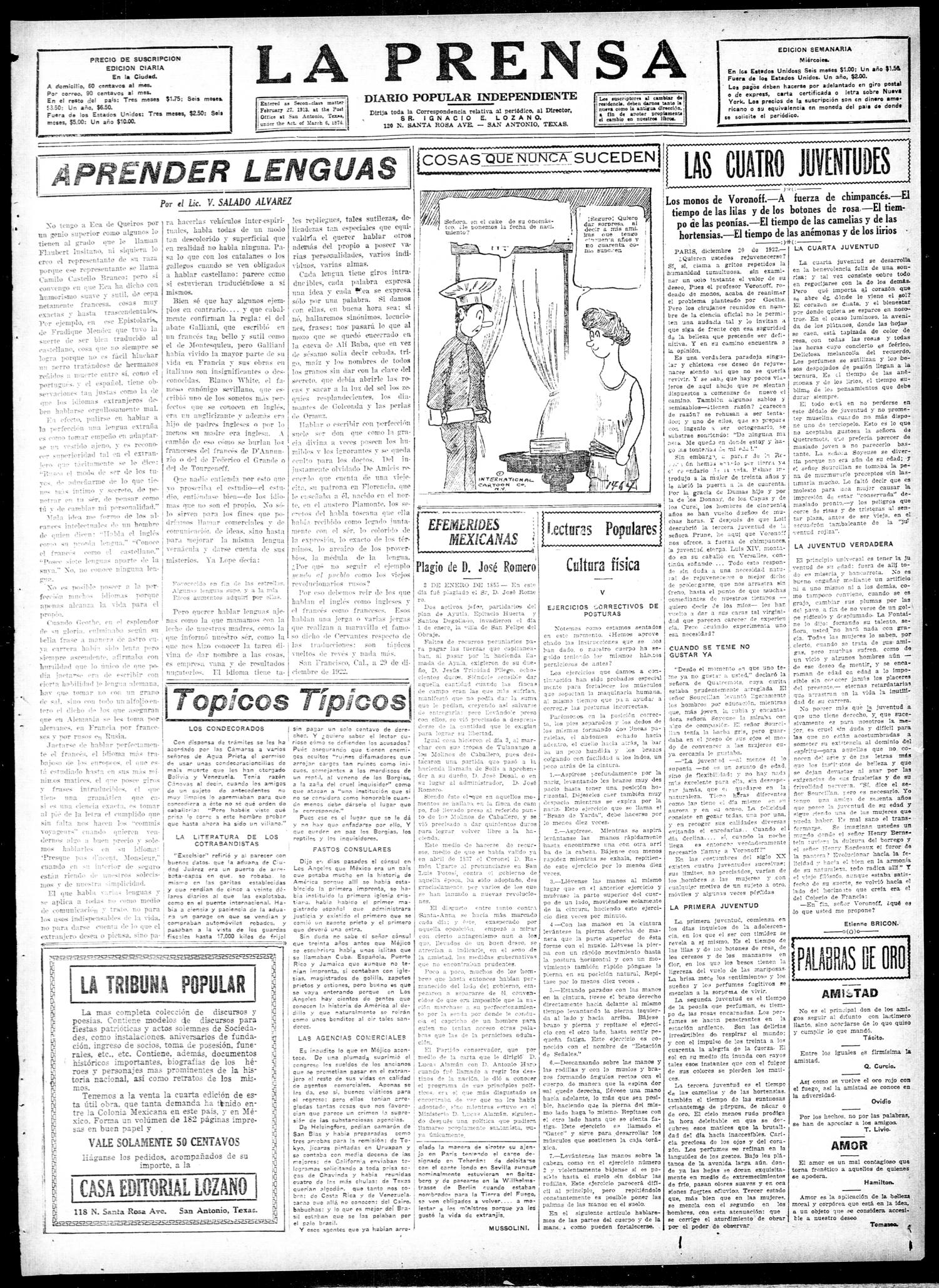 La Prensa (San Antonio, Tex.), Vol. 10, No. 322, Ed. 1 Wednesday, January 3, 1923
                                                
                                                    [Sequence #]: 3 of 8
                                                