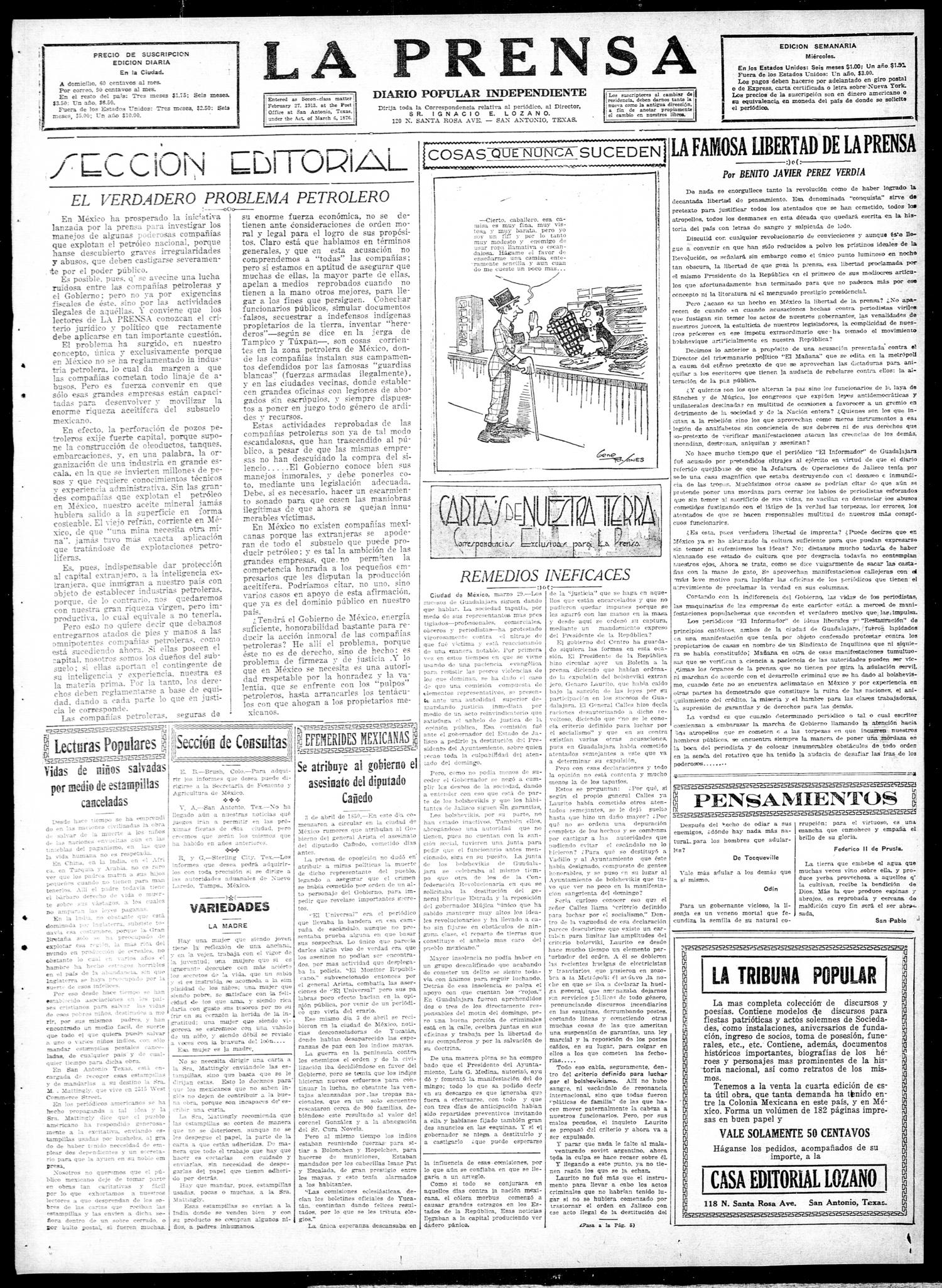 La Prensa (San Antonio, Tex.), Vol. 10, No. 50, Ed. 1 Monday, April 3, 1922
                                                
                                                    [Sequence #]: 3 of 8
                                                