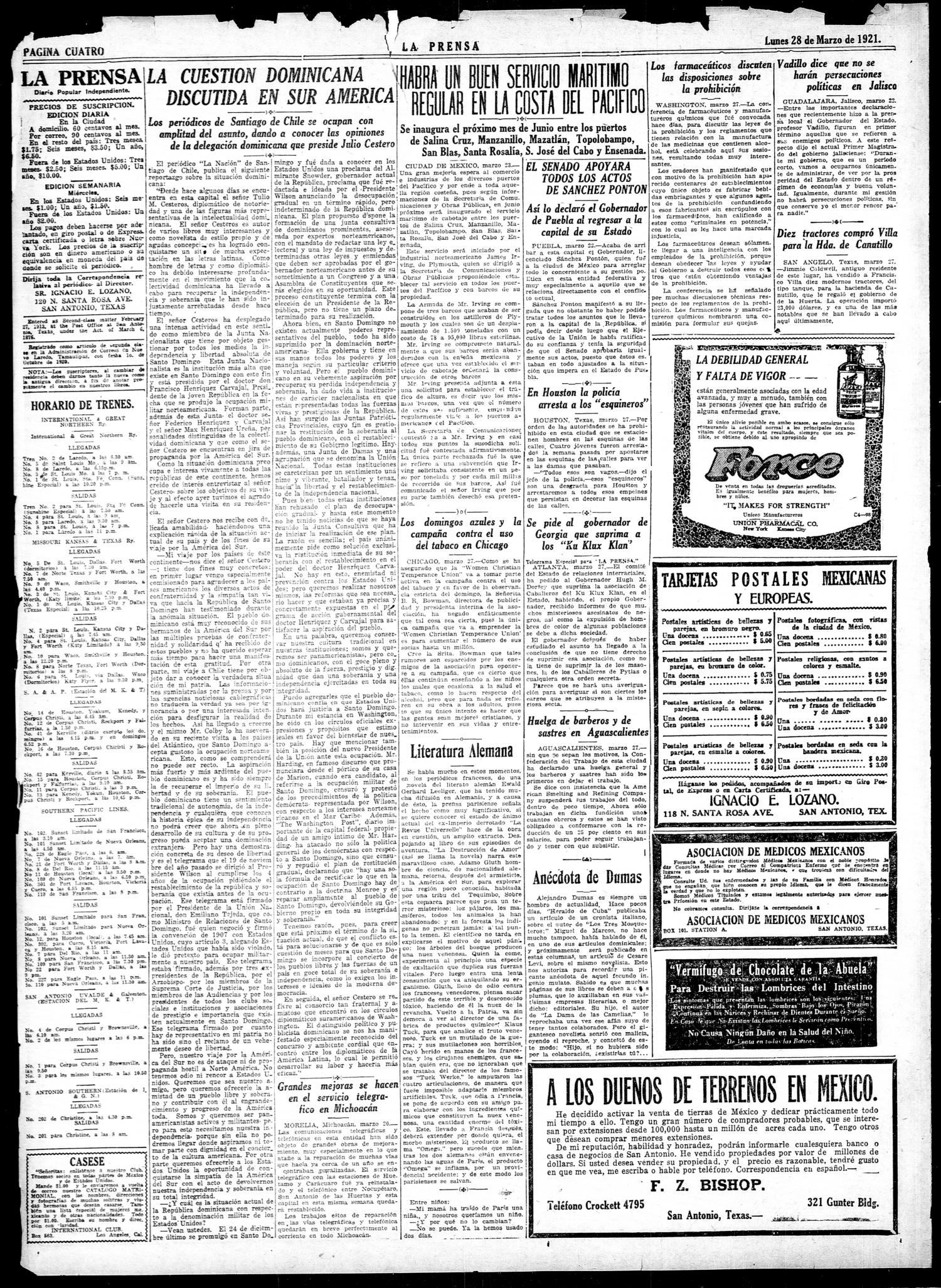 La Prensa (San Antonio, Tex.), Vol. 8, No. 2,180, Ed. 1 Monday, March 28, 1921
                                                
                                                    [Sequence #]: 4 of 8
                                                
