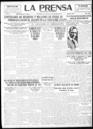 Primary view of object titled 'La Prensa (San Antonio, Tex.), Vol. 6, No. 1682, Ed. 1 Wednesday, September 17, 1919'.