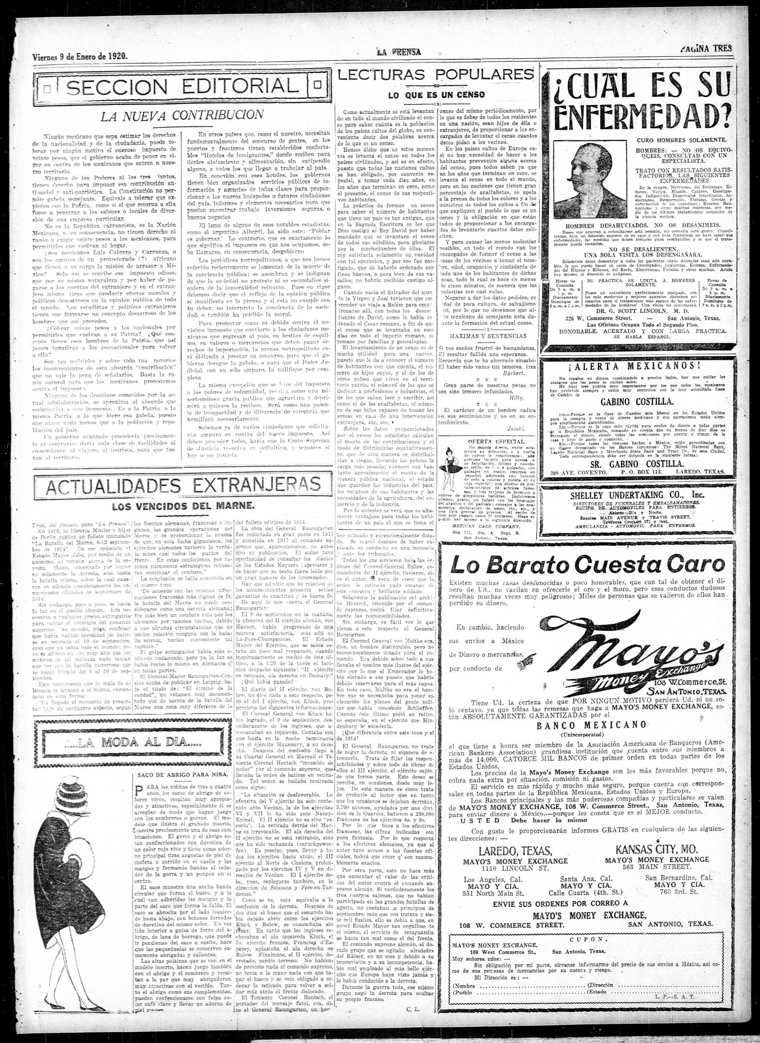La Prensa (San Antonio, Tex.), Vol. 6, No. 1794, Ed. 1 Friday, January 9, 1920
                                                
                                                    [Sequence #]: 3 of 8
                                                