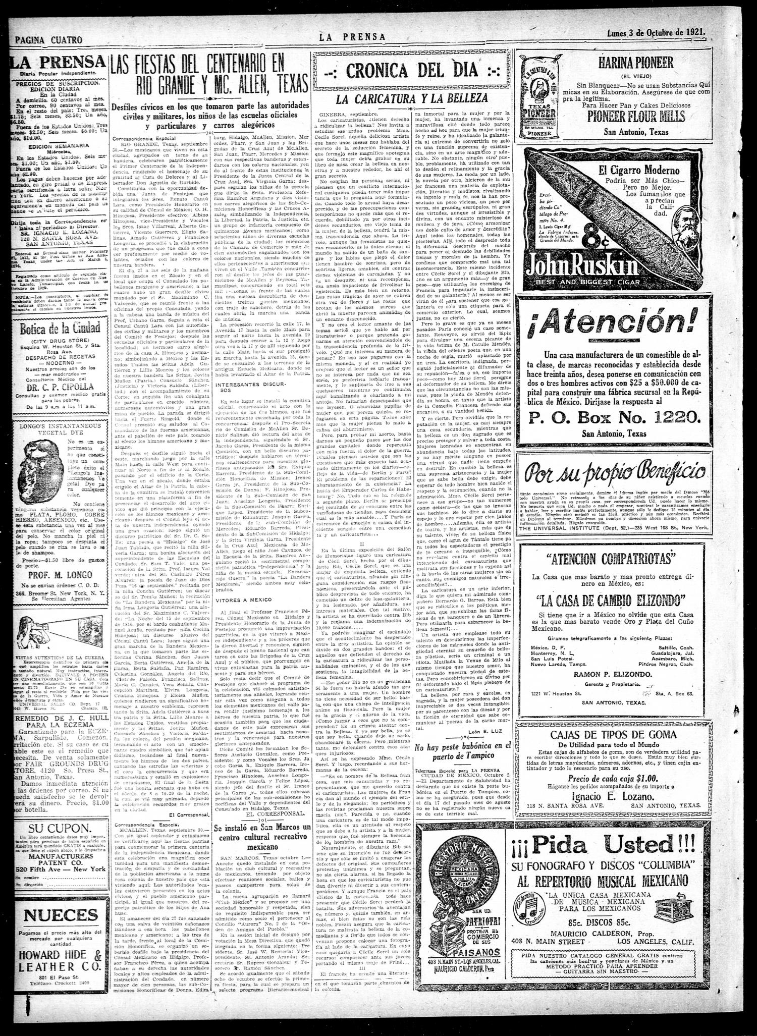 La Prensa (San Antonio, Tex.), Vol. 8, No. 2,365, Ed. 1 Monday, October 3, 1921
                                                
                                                    [Sequence #]: 4 of 8
                                                