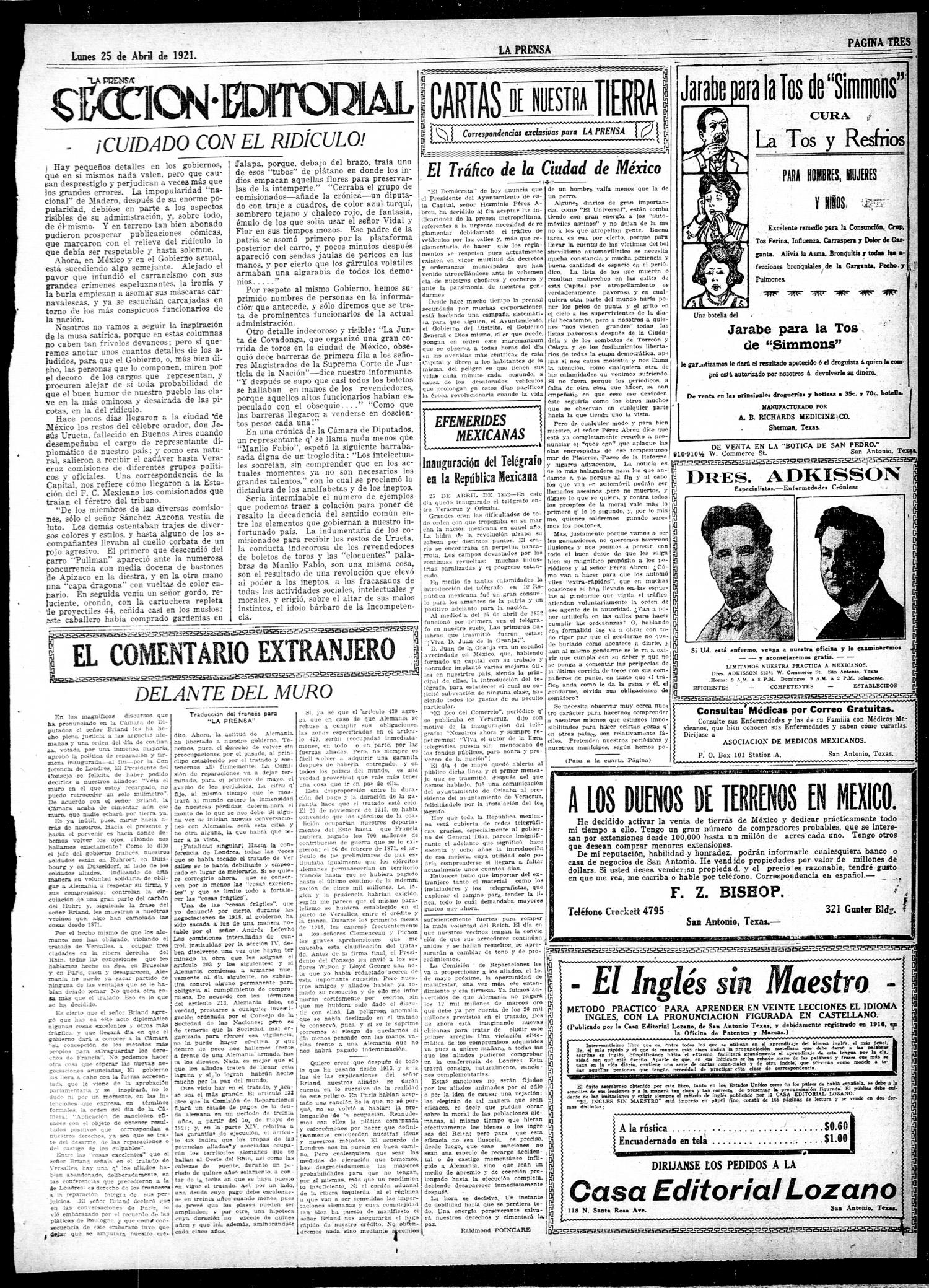 La Prensa (San Antonio, Tex.), Vol. 8, No. 2,208, Ed. 1 Monday, April 25, 1921
                                                
                                                    [Sequence #]: 3 of 8
                                                