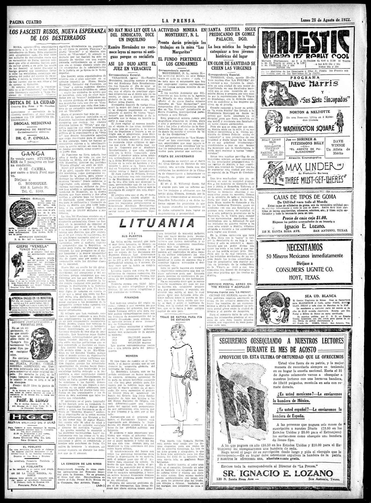 La Prensa (San Antonio, Tex.), Vol. 10, No. 194, Ed. 1 Monday, August 28, 1922
                                                
                                                    [Sequence #]: 4 of 8
                                                