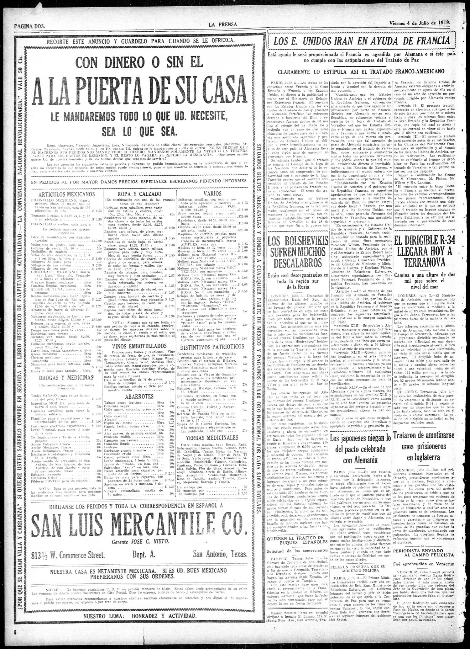 La Prensa (San Antonio, Tex.), Vol. 6, No. 1607, Ed. 1 Friday, July 4, 1919
                                                
                                                    [Sequence #]: 2 of 10
                                                