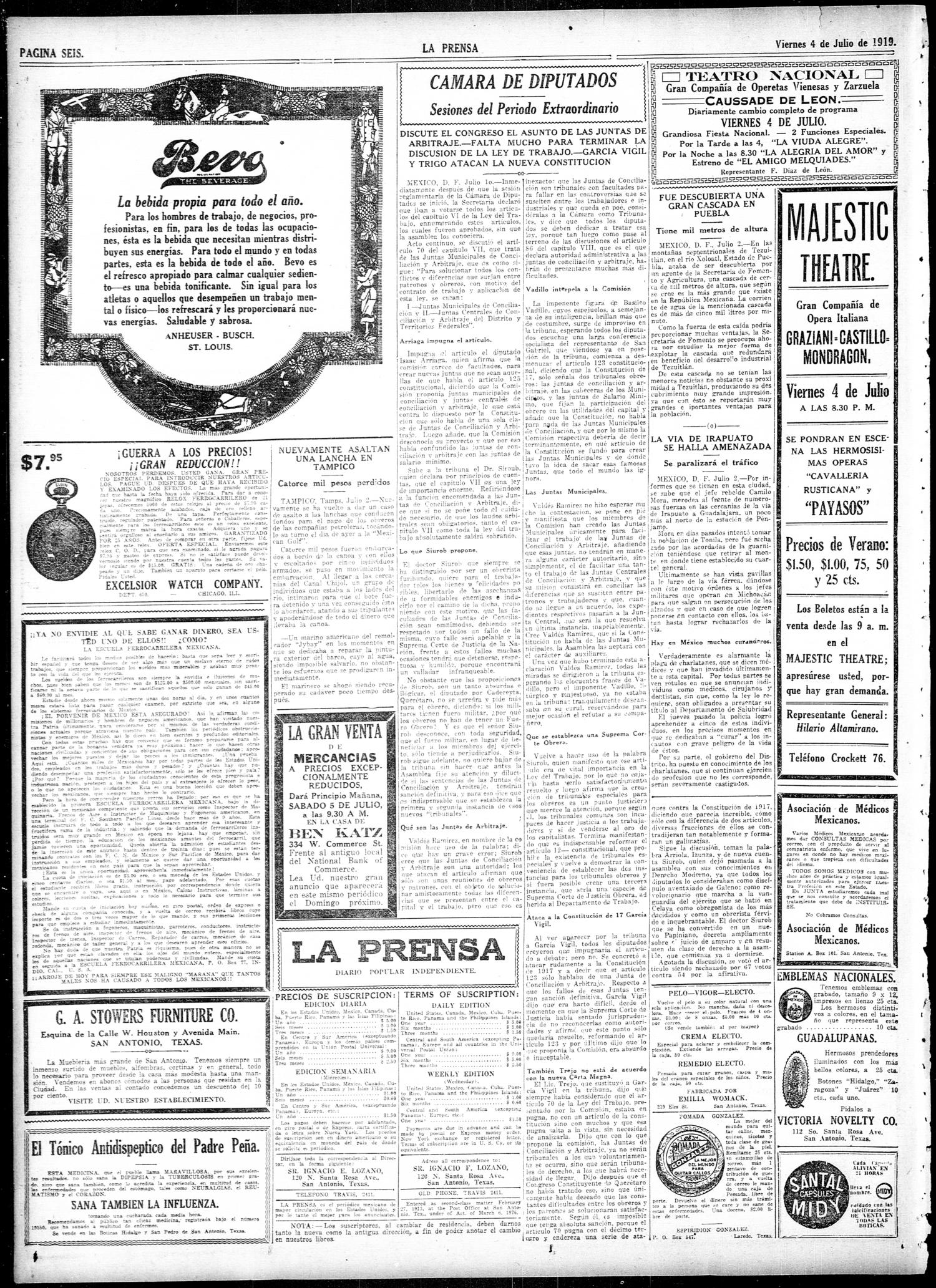 La Prensa (San Antonio, Tex.), Vol. 6, No. 1607, Ed. 1 Friday, July 4, 1919
                                                
                                                    [Sequence #]: 6 of 10
                                                