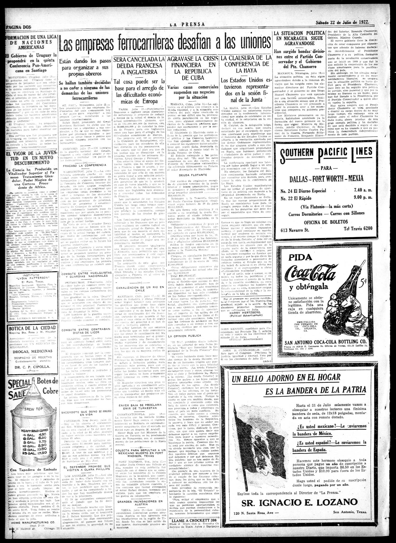 La Prensa (San Antonio, Tex.), Vol. 10, No. 158, Ed. 1 Saturday, July 22, 1922
                                                
                                                    [Sequence #]: 2 of 8
                                                