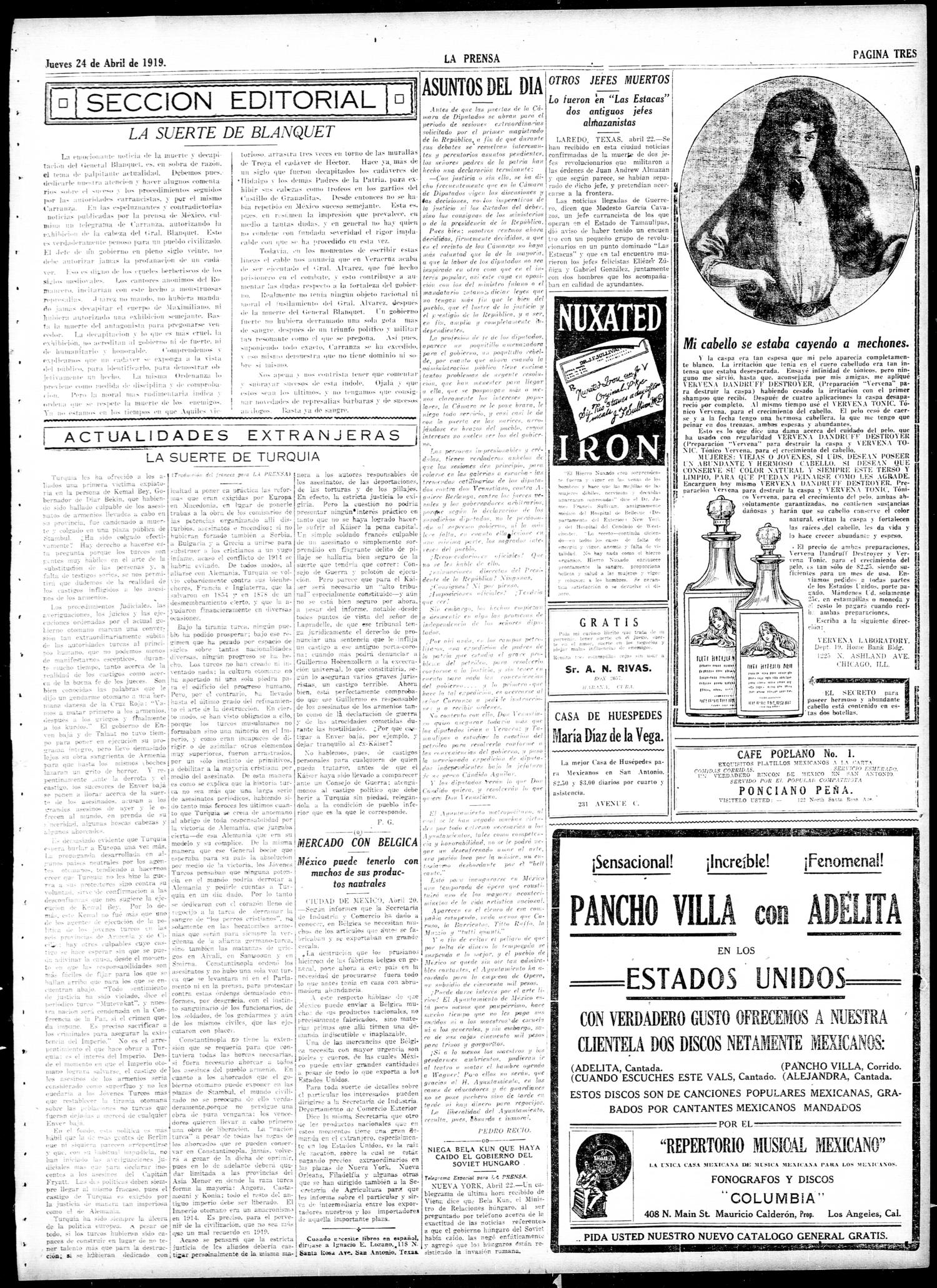 La Prensa (San Antonio, Tex.), Vol. 6, No. 1537, Ed. 1 Thursday, April 24, 1919
                                                
                                                    [Sequence #]: 3 of 8
                                                