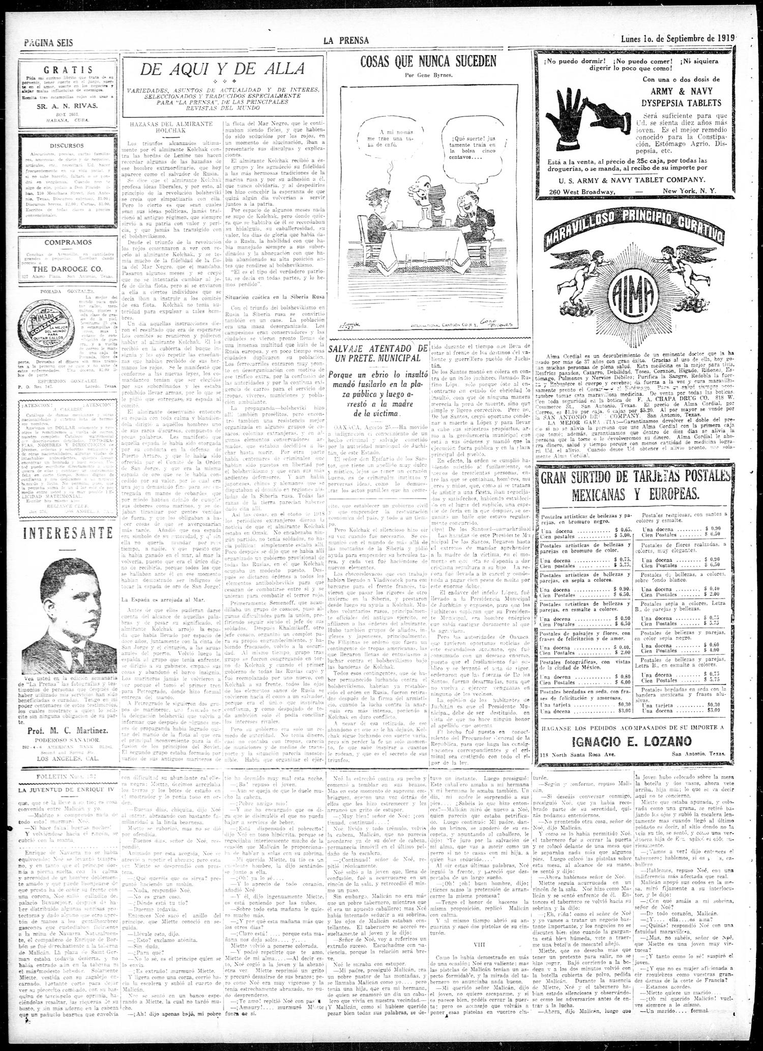 La Prensa (San Antonio, Tex.), Vol. 6, No. 1666, Ed. 1 Monday, September 1, 1919
                                                
                                                    [Sequence #]: 6 of 8
                                                