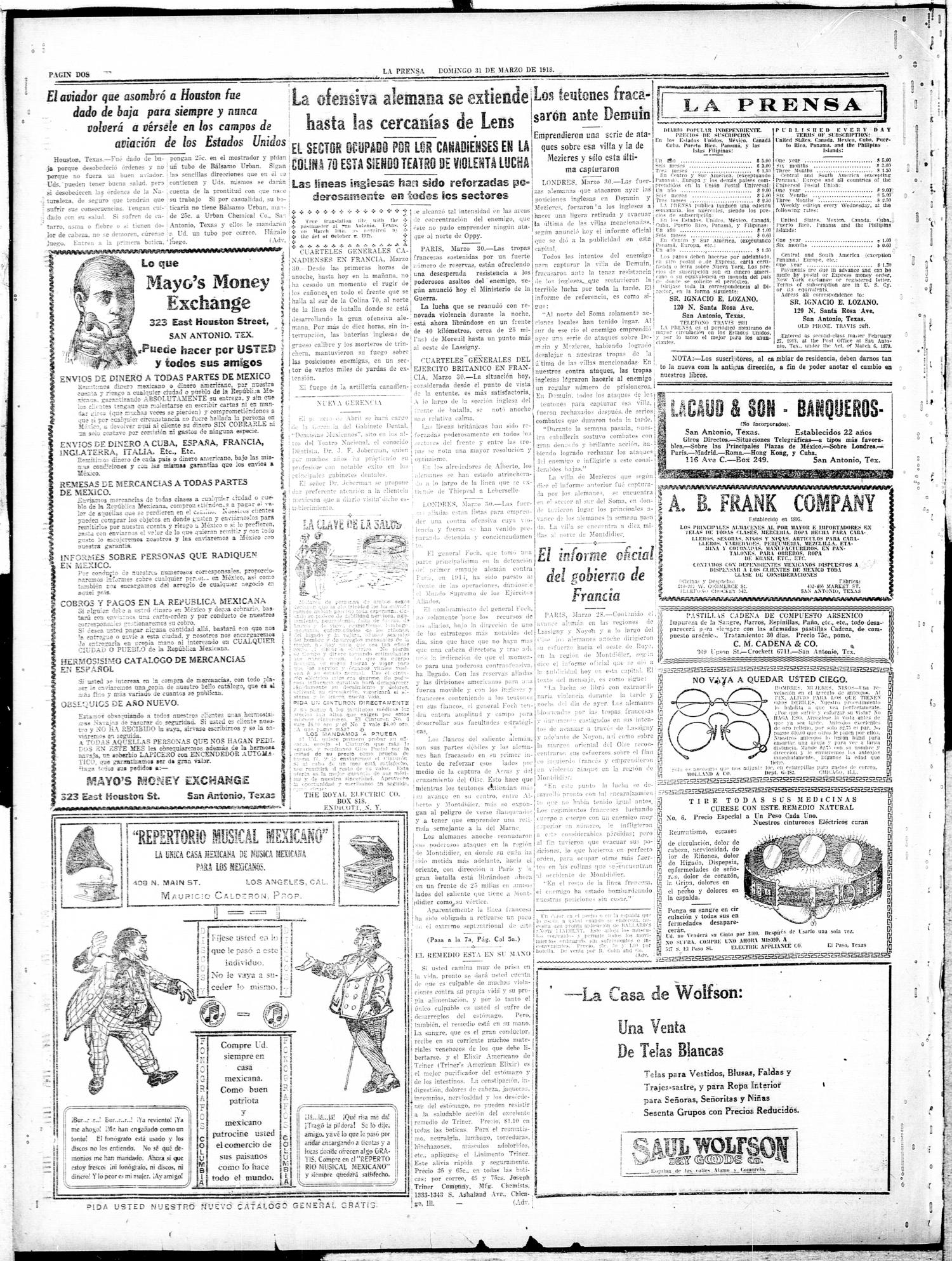 La Prensa (San Antonio, Tex.), Vol. 6, No. 1136, Ed. 1 Sunday, March 31, 1918
                                                
                                                    [Sequence #]: 2 of 8
                                                