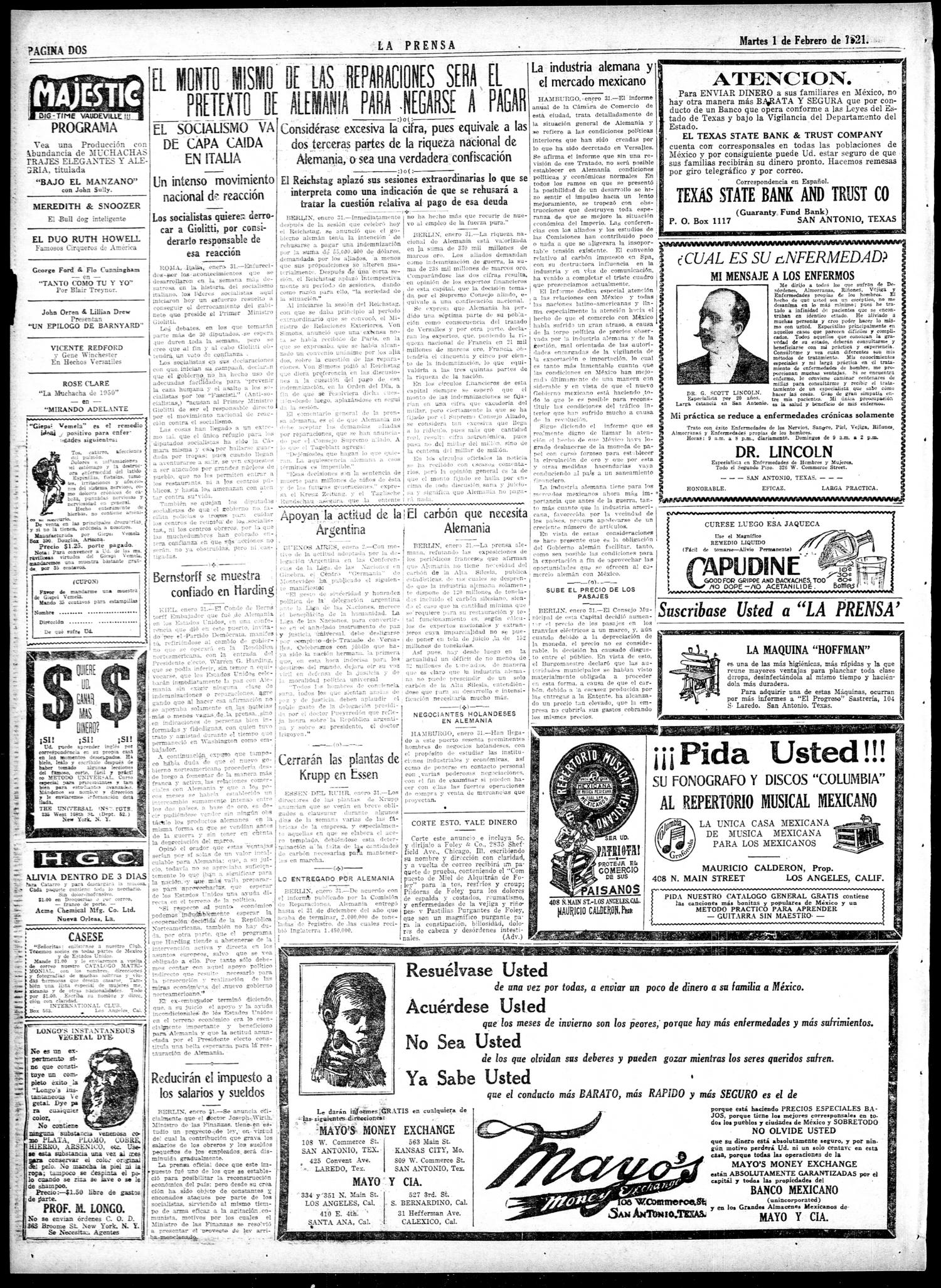 La Prensa (San Antonio, Tex.), Vol. 7, No. 2,126, Ed. 1 Tuesday, February 1, 1921
                                                
                                                    [Sequence #]: 2 of 8
                                                