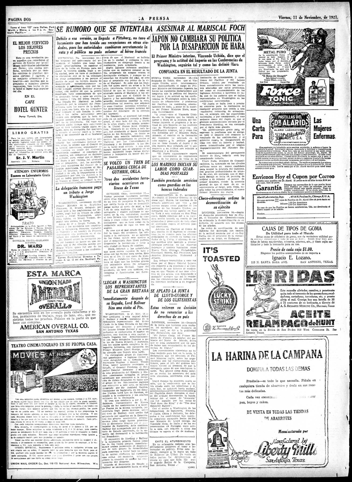 La Prensa (San Antonio, Tex.), Vol. 8, No. 2,404, Ed. 1 Friday, November 11, 1921
                                                
                                                    [Sequence #]: 2 of 10
                                                