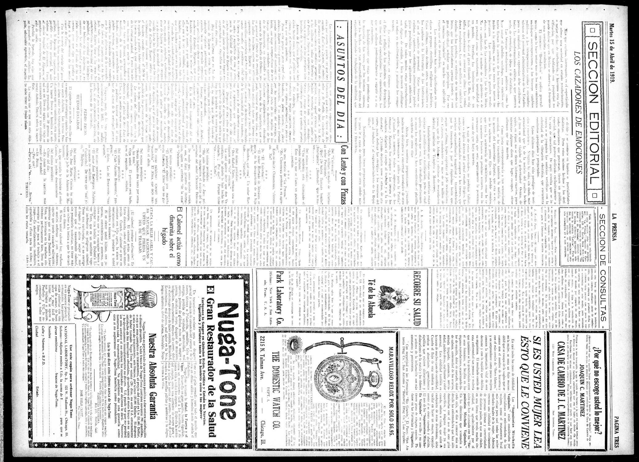 La Prensa (San Antonio, Tex.), Vol. 6, No. 1528, Ed. 1 Tuesday, April 15, 1919
                                                
                                                    [Sequence #]: 3 of 8
                                                
