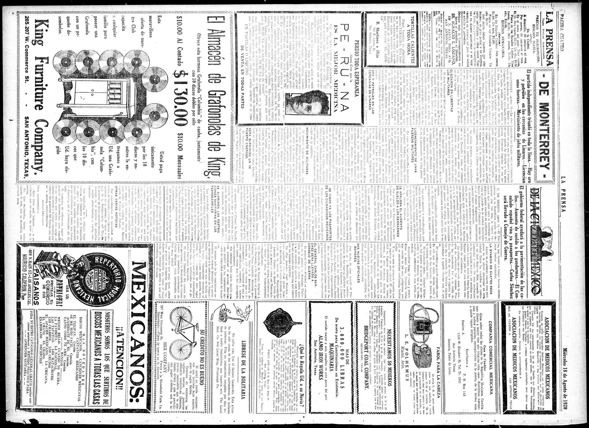 La Prensa (San Antonio, Tex.), Vol. 7, No. 1959, Ed. 1 Wednesday, August 18, 1920
                                                
                                                    [Sequence #]: 4 of 8
                                                