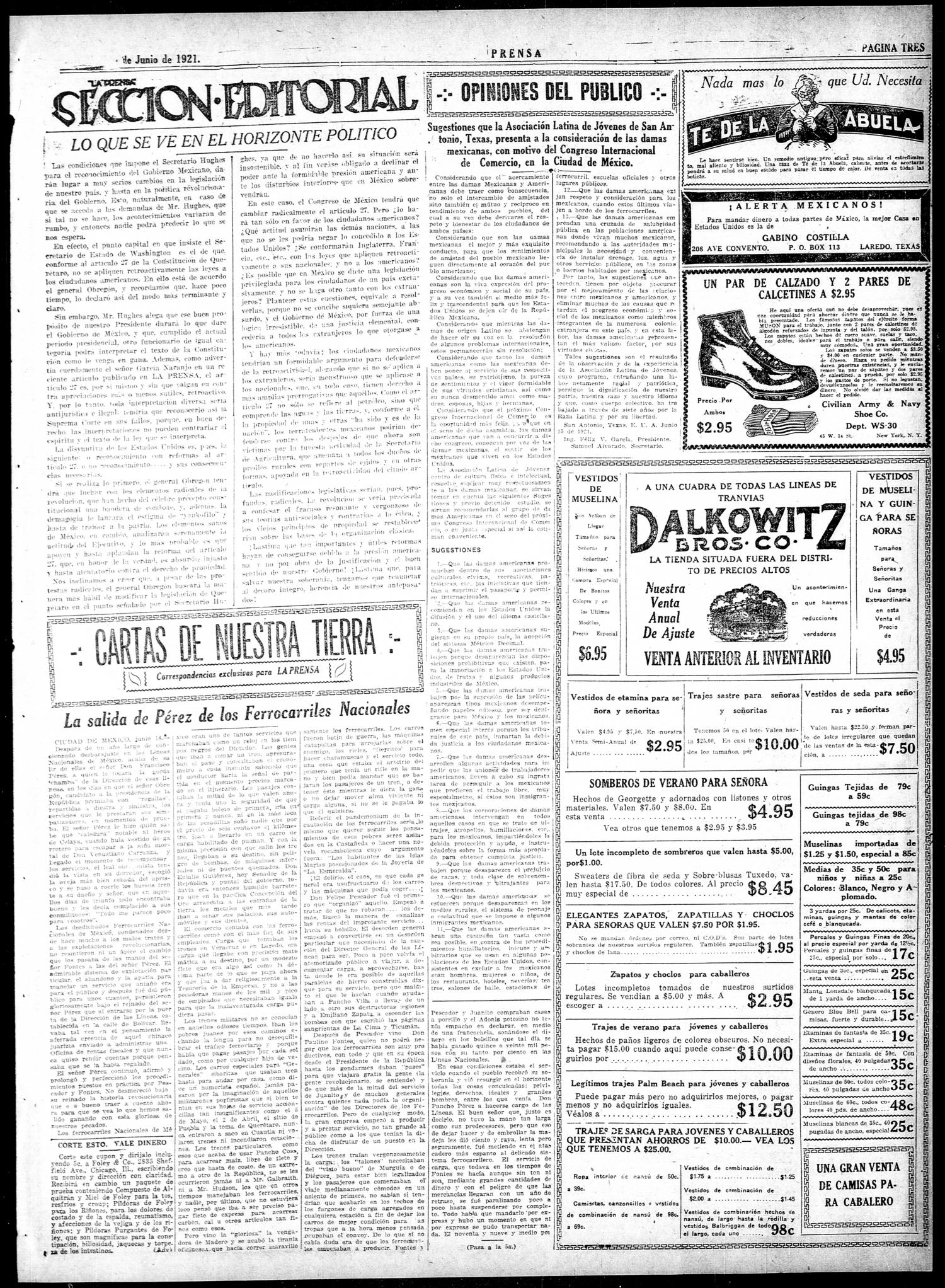 La Prensa (San Antonio, Tex.), Vol. 8, No. 2,262, Ed. 1 Saturday, June 18, 1921
                                                
                                                    [Sequence #]: 3 of 8
                                                