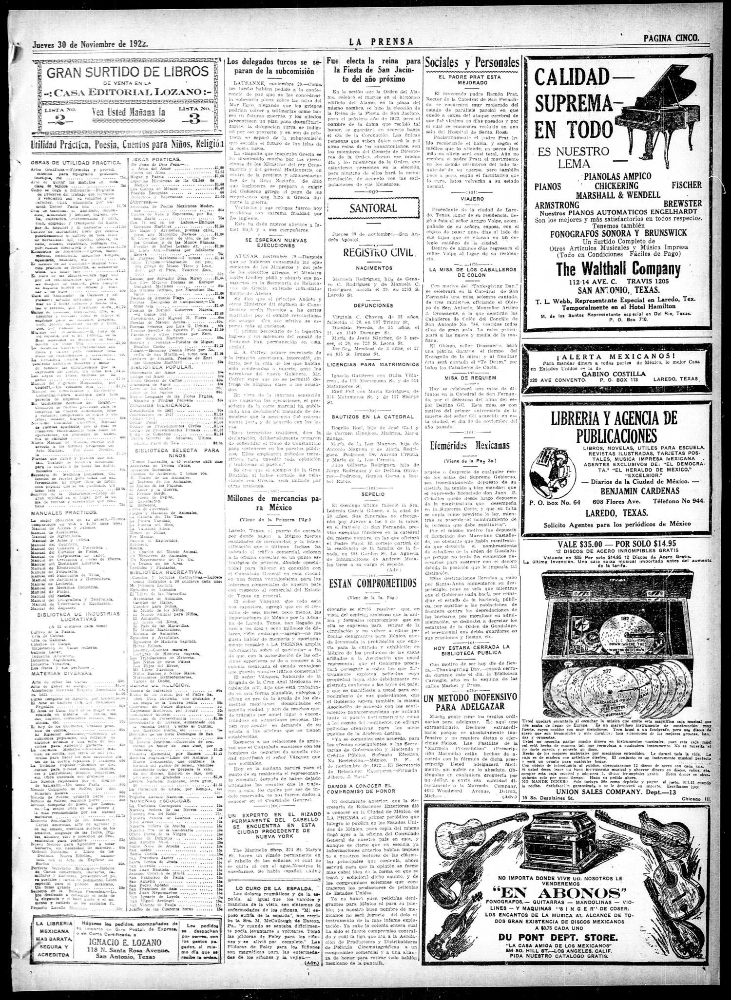 La Prensa (San Antonio, Tex.), Vol. 10, No. 288, Ed. 1 Thursday, November 30, 1922
                                                
                                                    [Sequence #]: 5 of 8
                                                