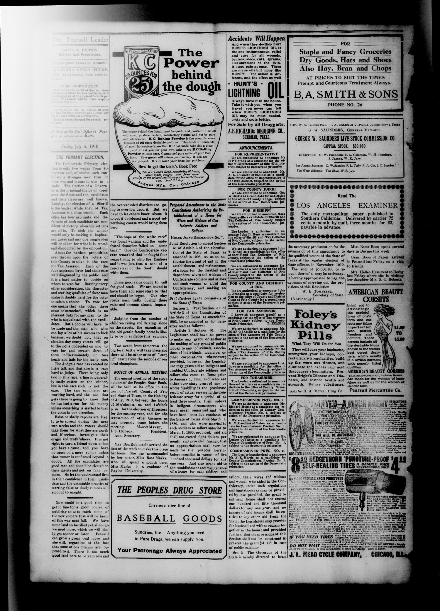 The Pearsall Leader (Pearsall, Tex.), Vol. 16, No. 11, Ed. 1 Friday, July 8, 1910
                                                
                                                    [Sequence #]: 4 of 8
                                                