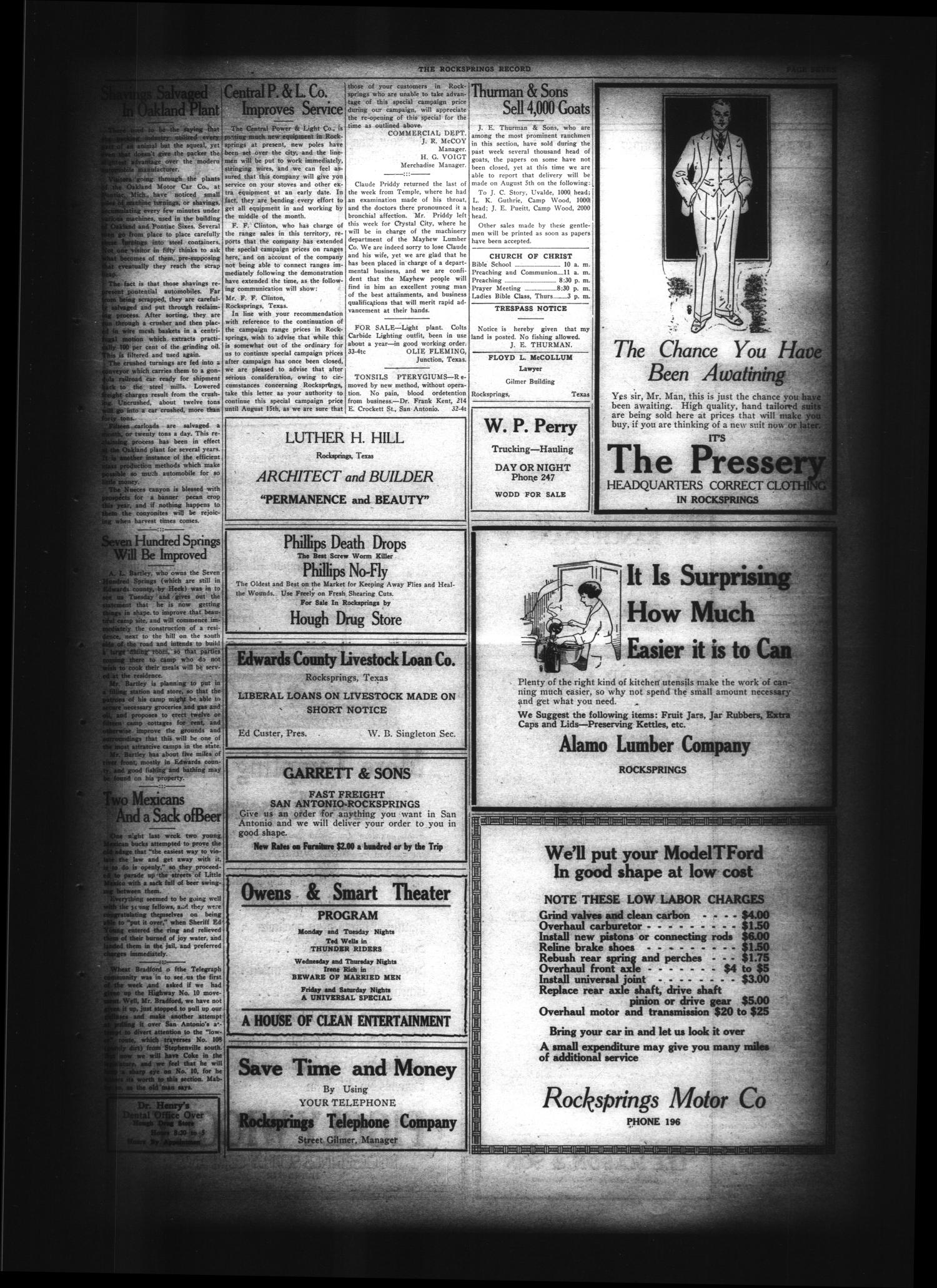 The Rocksprings Record and Edwards County Leader (Rocksprings, Tex.), Vol. 10, No. 34, Ed. 1 Friday, August 3, 1928
                                                
                                                    [Sequence #]: 7 of 8
                                                
