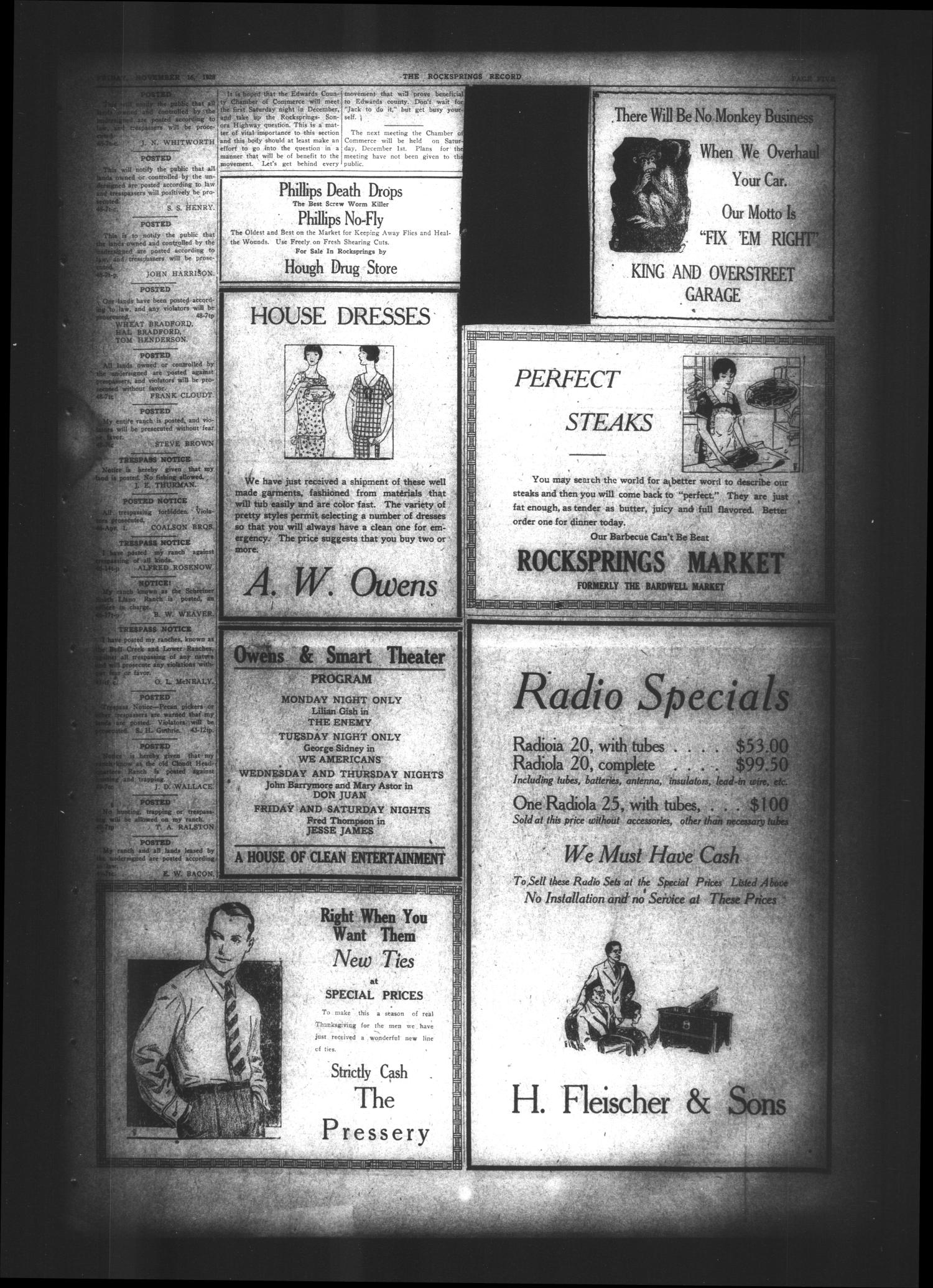 The Rocksprings Record and Edwards County Leader (Rocksprings, Tex.), Vol. 10, No. 49, Ed. 1 Friday, November 16, 1928
                                                
                                                    [Sequence #]: 5 of 8
                                                