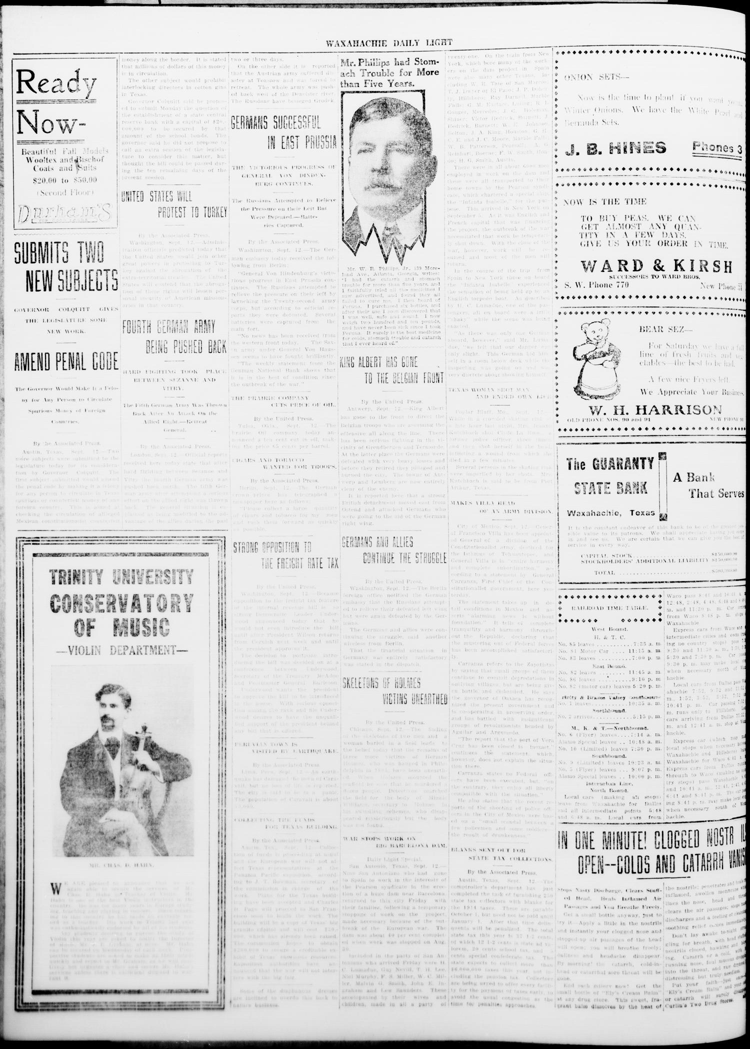 Waxahachie Daily Light (Waxahachie, Tex.), Vol. 22, No. 147, Ed. 1 Saturday, September 12, 1914
                                                
                                                    [Sequence #]: 2 of 8
                                                