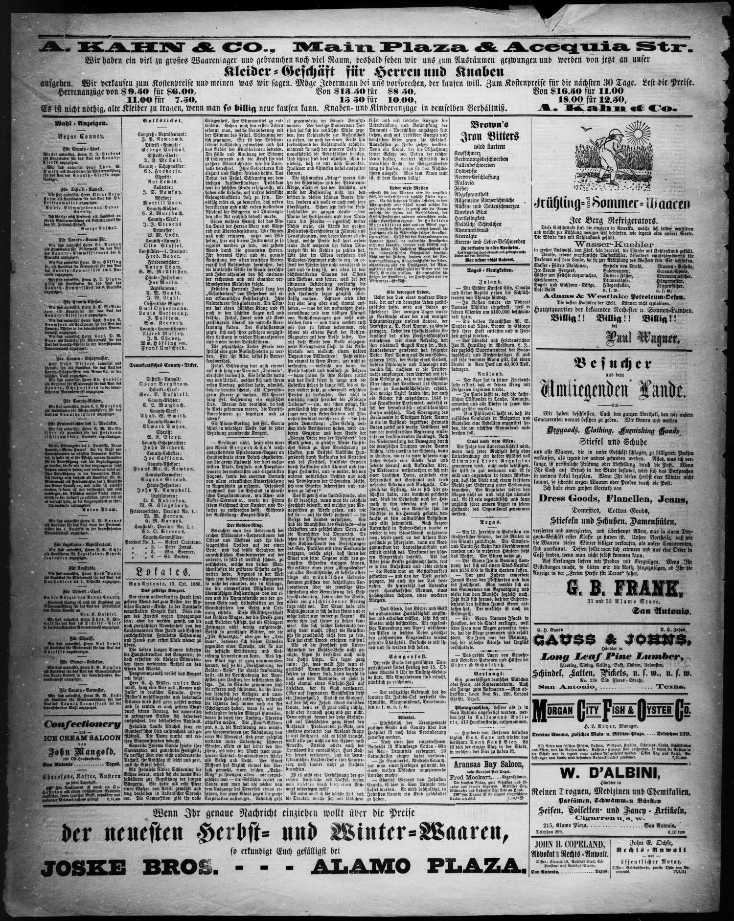 Freie Presse für Texas. (San Antonio, Tex.), Vol. 22, No. 1347, Ed. 1 Wednesday, October 13, 1886
                                                
                                                    [Sequence #]: 4 of 4
                                                