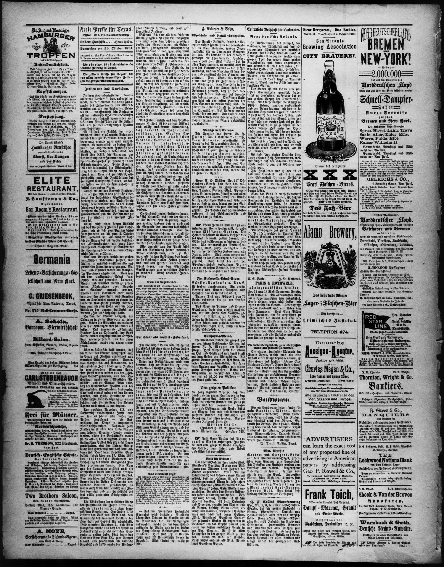 Freie Presse für Texas. (San Antonio, Tex.), Vol. 27, No. 2898, Ed. 1 Thursday, October 29, 1891
                                                
                                                    [Sequence #]: 2 of 4
                                                