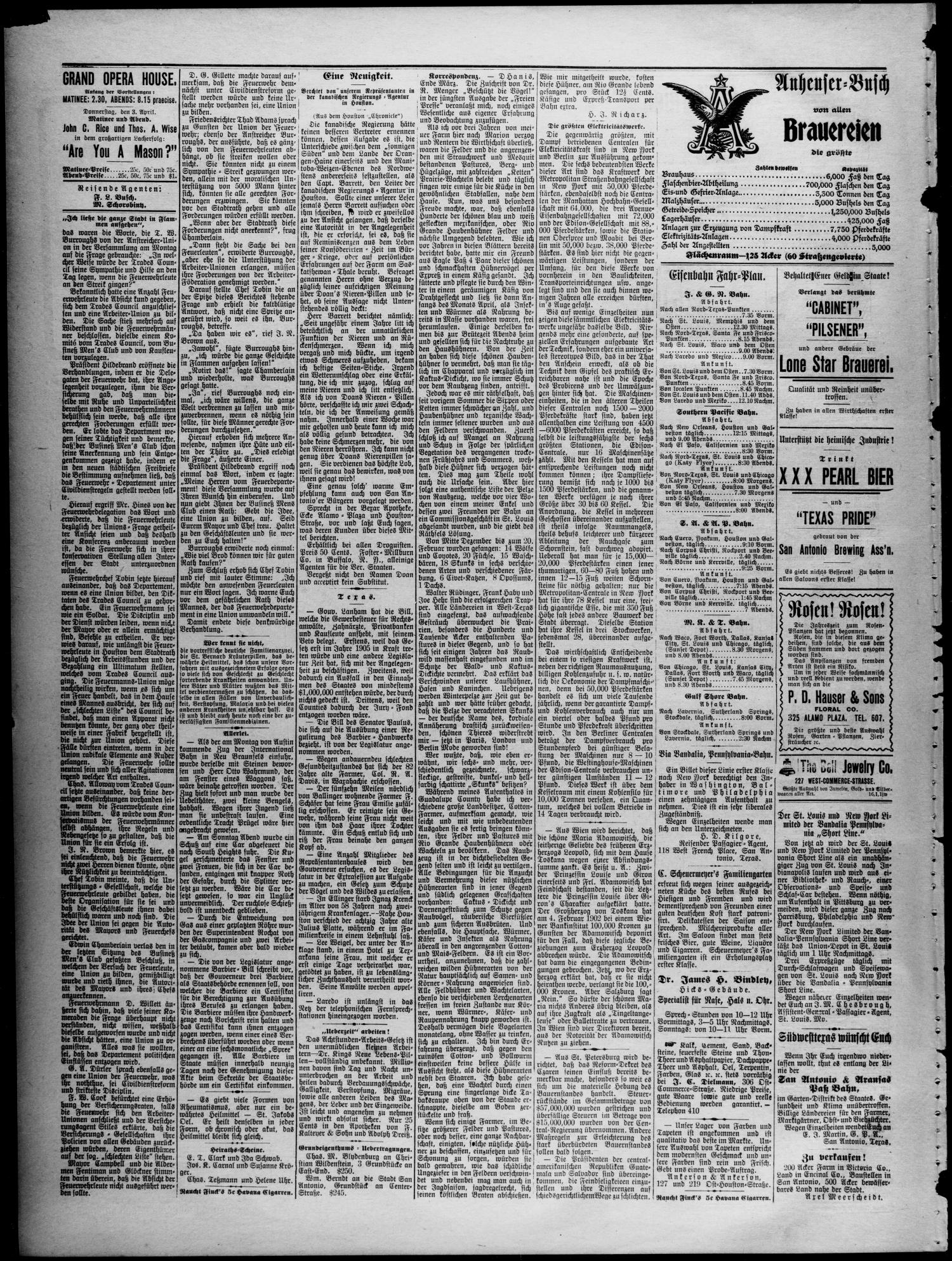 Freie Presse für Texas. (San Antonio, Tex.), Vol. 38, No. 6364, Ed. 1 Tuesday, March 31, 1903
                                                
                                                    [Sequence #]: 4 of 4
                                                
