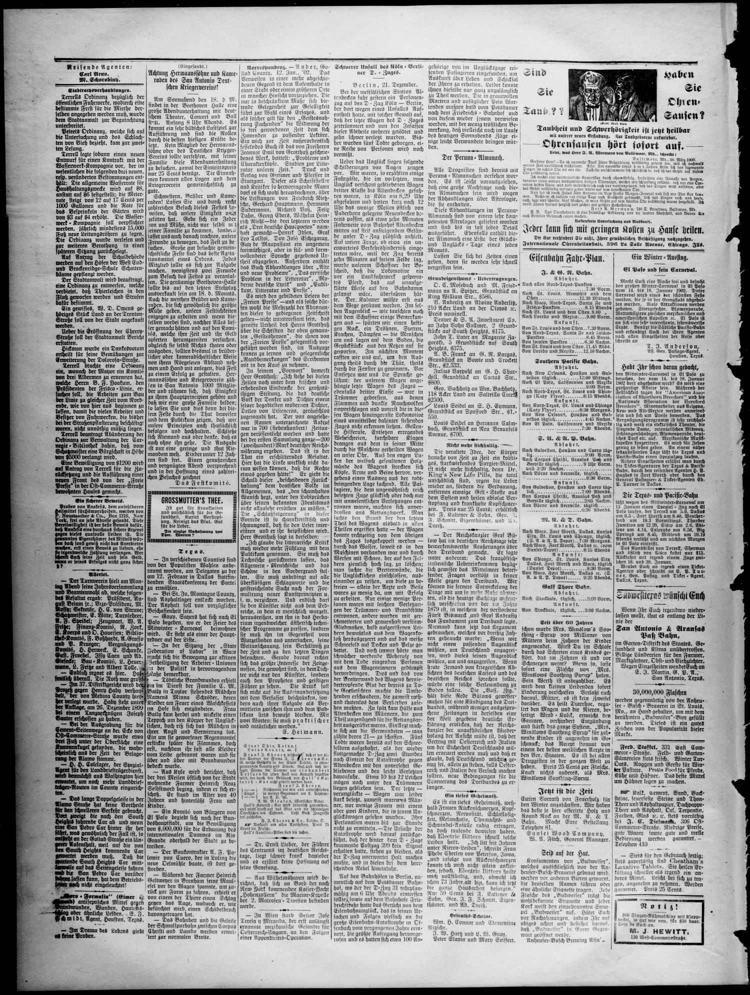 Freie Presse für Texas. (San Antonio, Tex.), Vol. 37, No. 5995, Ed. 1 Tuesday, January 14, 1902
                                                
                                                    [Sequence #]: 4 of 4
                                                