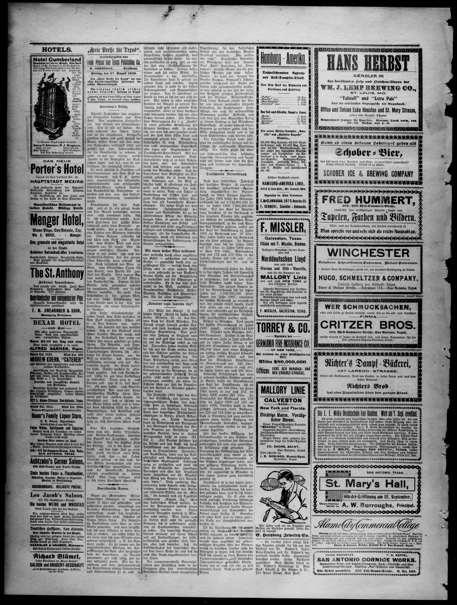 Freie Presse für Texas. (San Antonio, Tex.), Vol. 45, No. 8319, Ed. 1 Friday, August 27, 1909
                                                
                                                    [Sequence #]: 2 of 4
                                                