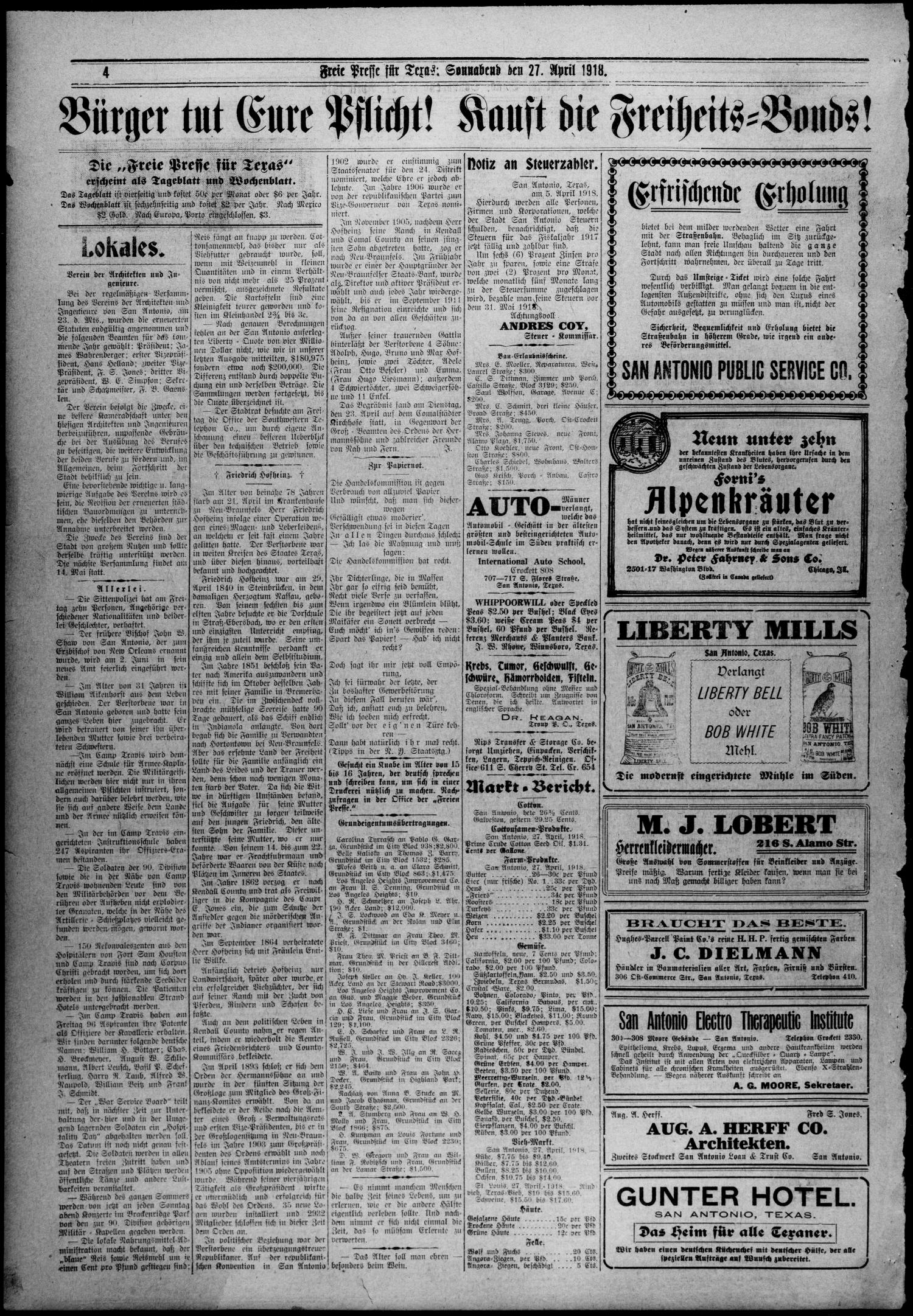 Freie Presse für Texas. (San Antonio, Tex.), Vol. 53, No. 1142, Ed. 1 Saturday, April 27, 1918
                                                
                                                    [Sequence #]: 4 of 4
                                                