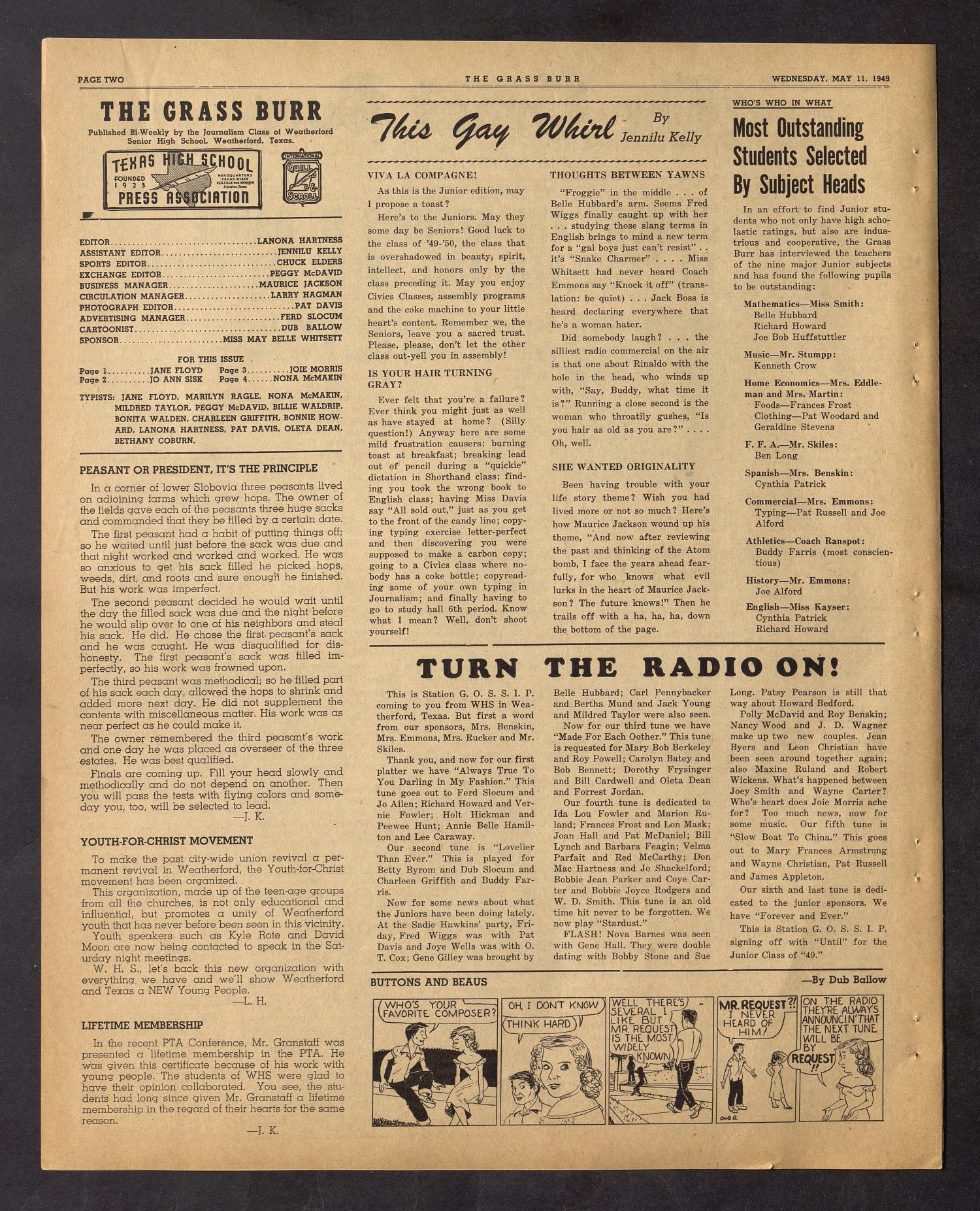 The Grass Burr (Weatherford, Tex.), No. 17, Ed. 1 Wednesday, May 11, 1949
                                                
                                                    [Sequence #]: 2 of 4
                                                