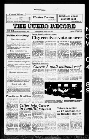 Primary view of object titled 'The Cuero Record (Cuero, Tex.), Vol. 93, No. 88, Ed. 1 Saturday, November 4, 1989'.