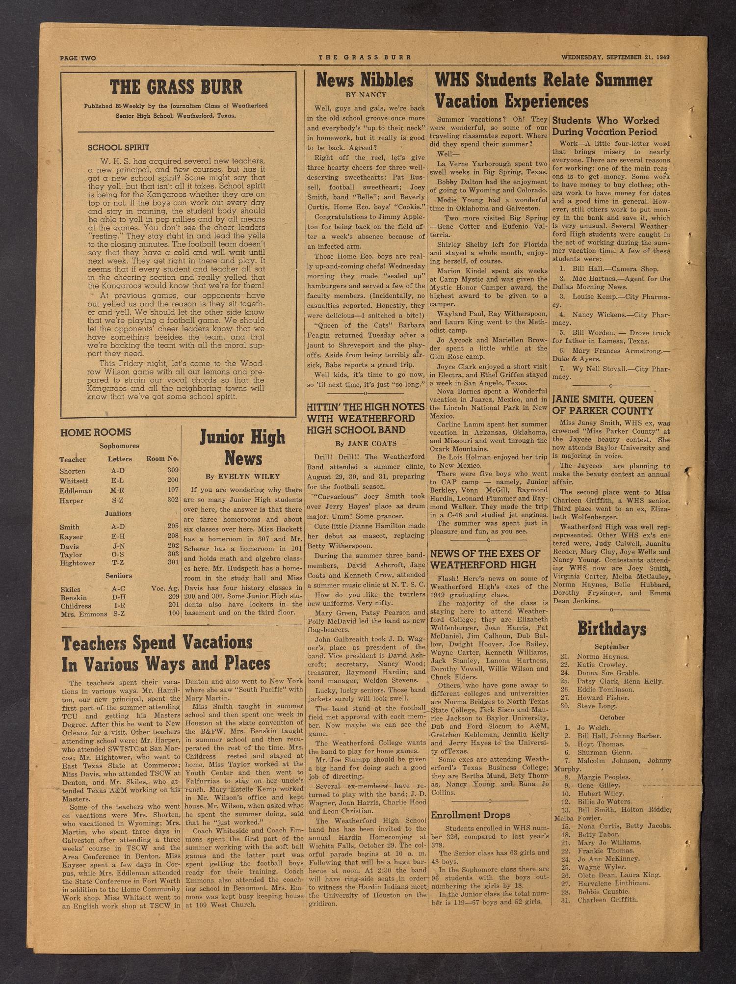 The Grass Burr (Weatherford, Tex.), No. 1, Ed. 1 Wednesday, September 21, 1949
                                                
                                                    [Sequence #]: 2 of 4
                                                