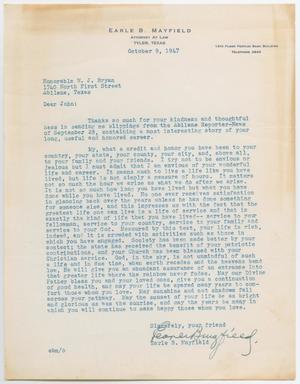 Primary view of object titled '[Letter from Earle B. Mayfield to Honorable W. J. Bryan, October 9, 1947]'.