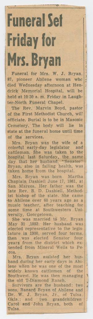 Primary view of object titled '[Clipping: Funeral Set Friday for Mrs. Bryan]'.